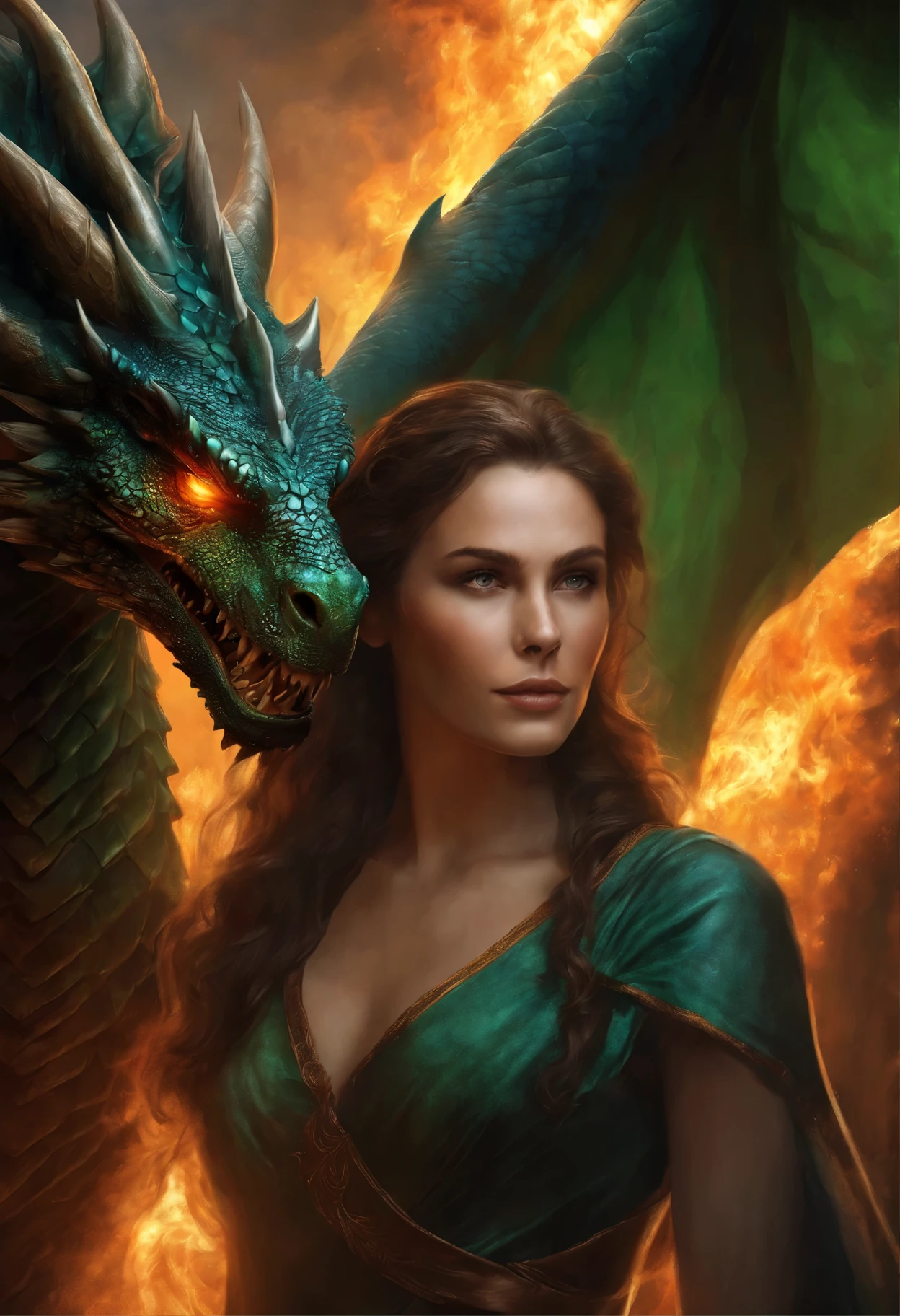 close-up of a green-eyed woman with brown curls and green eyes wearing a blue nightgown, standing face to face with a copper gray huge majestic dragon and a scorching fire demon , epic fantasy art style, dark fantasy style art, portrait of fin wildcloak, detailed fanart, fantasy portrait, artistic portrait in epic fantasy style, graphic artist magali villeneuve, male portrait in fantasy style, The Man with the Soul of a Dragon, epic fantasy style art, epic fantasy digital art style