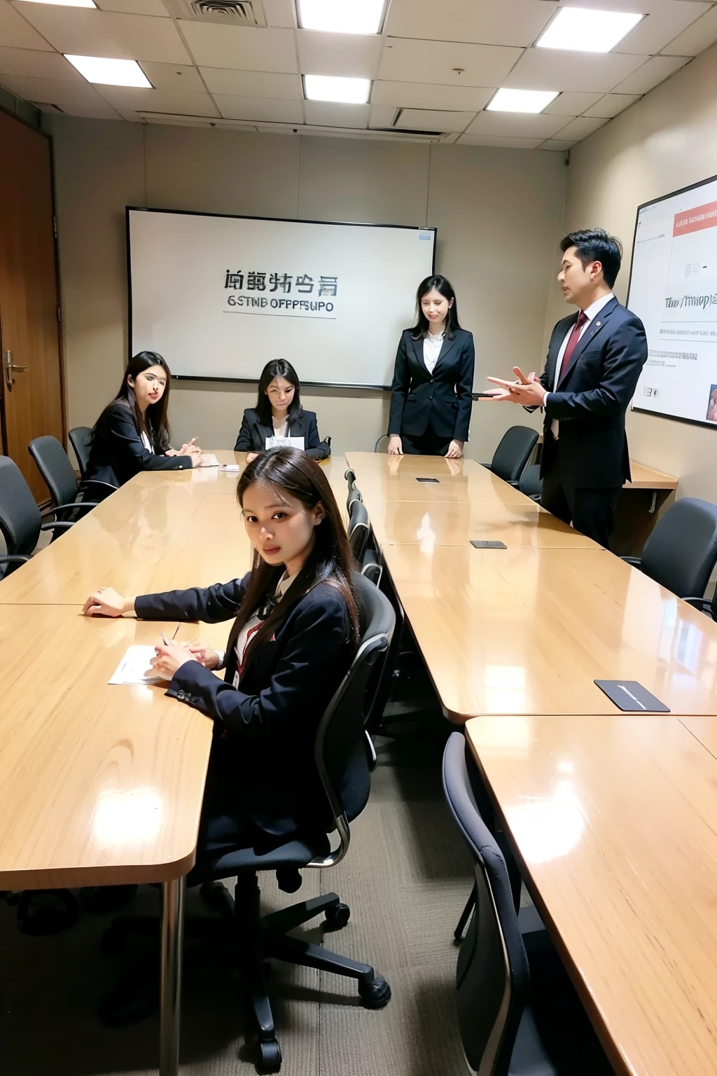 (Five Asian men in their fifties and two Asian women in their forties sitting in a large conference room: 1.9) (Professional and conscientious manners of participants: 1.8) (experienced and knowledgeable older men: 1.7) (Confident and assertive attitude of women: 1.8) (Focused and productive atmosphere during the meeting: 1.7)