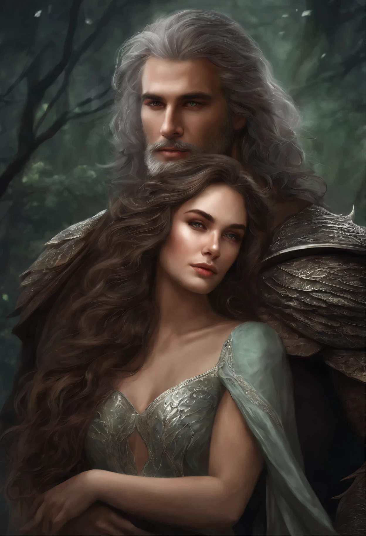 close-up of a green-eyed woman with brown curls, hugging a gray-haired man, Girl with brown hair + Gray-haired man, epic fantasy style art, dark fantasy style art, detailed fanart, Portrait in fantasy style, artistic portrait in epic fantasy style, graphic artist magali villeneuve, мужской Portrait in fantasy style, The Man with the Soul of a Dragon, epic fantasy style art, epic fantasy digital art style