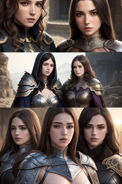 three sisters of different ages, french womens, detailed face perfect face, detailed face, sexy, lesbians, warriors , using sexy armor with cape full body background in versalles