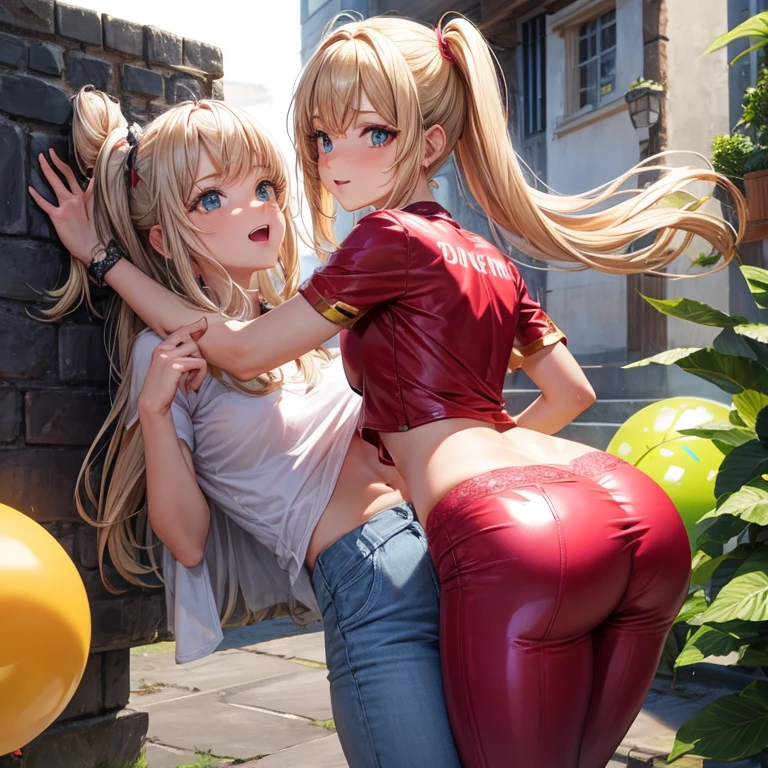 Chica, camarera, pink latex pants (apretado), parada de espalda, mostrando la cola, camisa blanca (mojada) blanco, senos de globos, trasero muy grande, ball glutes, rubia, labios rojos carnosos