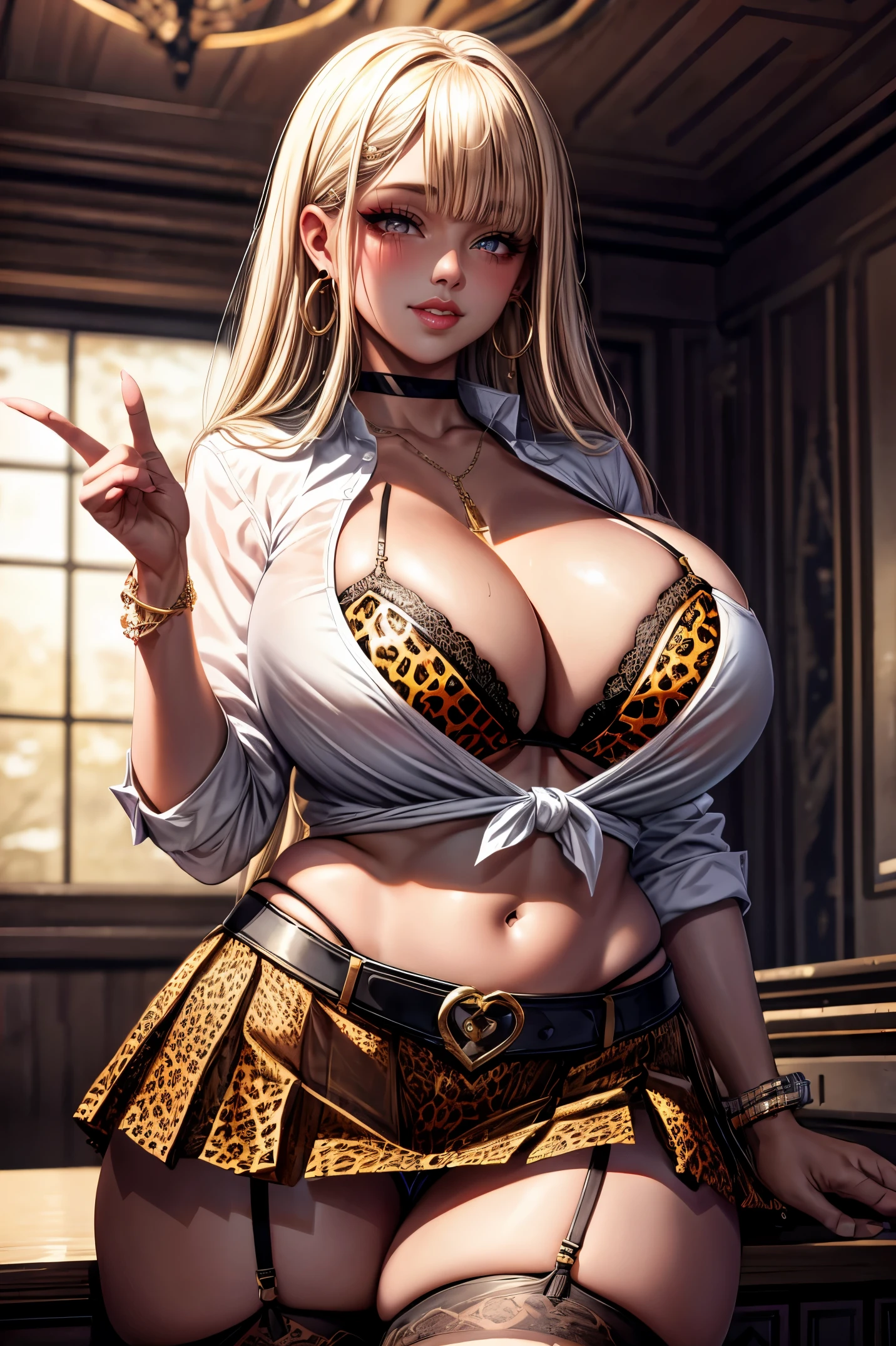 shoujo-style, ,1girl, solo, blonde hair, detailed body , (detailed face:1.1), (perfect eyes), (big breasts:1.3), thick eyelashes, long eyelashes, (blunt bangs:1.2), perfect dynamic composition, (gyaru:1.2), cleavage, jewelry, earrings, open clothes, tied shirt, tented shirt, unbuttoned shirt, bra peek, lace-trimmed bra, (leopard print:1.2), belt, pleated skirt, lace-trimmed legwear, garter straps, see-through, hoop earrings, gal, evil smile, seductive smile, blush, seductive pose, (seductive smile:1.4), thick lips, (huge lips:1.2), (massive lips: 1.2), (parted lips:1.2), (thick lips:1.4), castle, night sky
8k, 4k, Masterpiece, Best Quality, fantasy, extremely detailed, intricate, hyper detailed, detailed eyes, (perfect face), illustration, soft lighting, (specular lighting:1.2), (shiny skin, gleaming skin), looking at viewer,