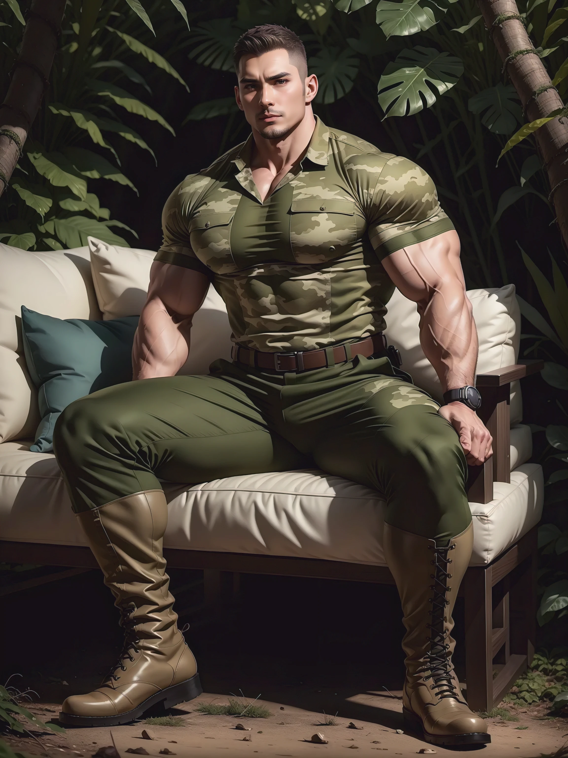 Tall giant muscular man sitting in the forest,Khaki camouflage military uniform,character design(Resident Evil - Chris Redfield,Chris Redfield)His hairstyle is a crew cut,身穿Khaki camouflage military uniform,Matte texture,Soft and comfortable sofa,Sitting in the eerie sugar cane jungle, The body is wrapped in thick rattan,expression sad,Deep and charming eyes,The hero with emerald pupils,heroic masculine pose,Tall and burly,musculous!Charming leg muscles,tall, Burly, and strong, 身穿Khaki camouflage military uniform, Super gain and cool, commission for high resolution, Big feet in black boots,Charming strong man,Bright sunlight shines on the body,Matte particles with shiny texture