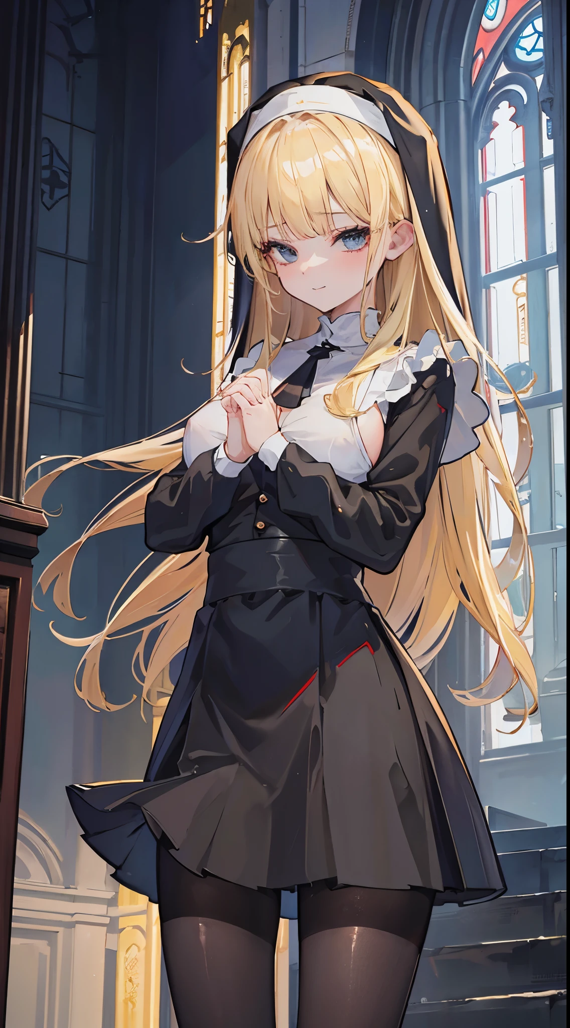 (8K、Top image quality、top-quality、​masterpiece)、A detailed face、1 girl in、a blond、blunt bangs、Gray eyes、smil、large full breasts、black nun、Praying hands、((long skirt))、shiny、pantyhose、cowboy  shot、((church background))