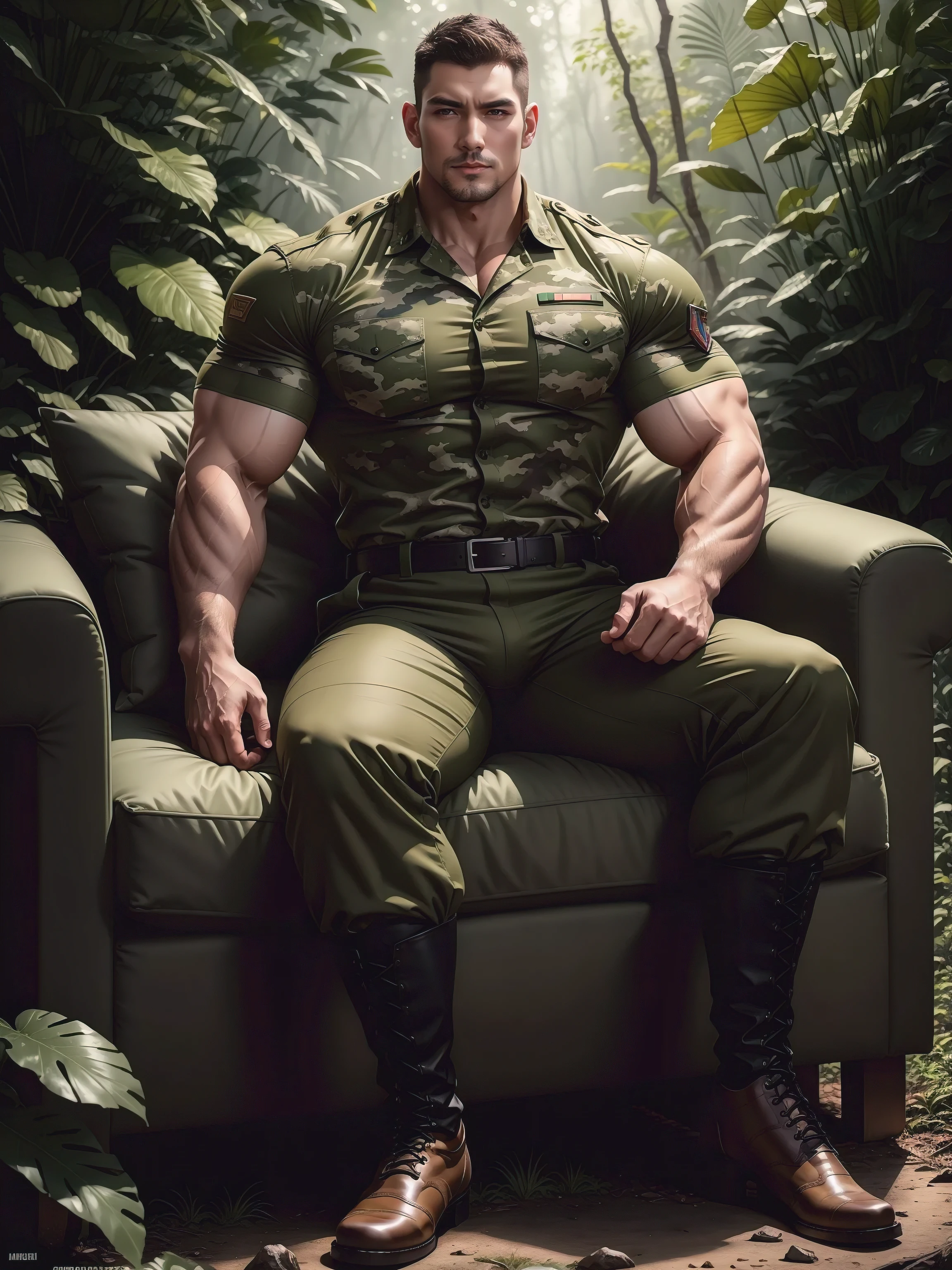 Tall giant muscular man sitting in the forest，Khaki camouflage military uniform，character  design（Resident Evil - Chris Redfield，Chris Redfield）His hairstyle is a crew cut，身穿Khaki camouflage military uniform，Matte texture，Soft and comfortable sofa，Sitting in the eerie sugar cane jungle, The body is wrapped in thick rattan，expression sad，Deep and charming eyes，The hero with emerald pupils，heroic masculine pose，Tall and burly，musculous！Charming leg muscles，tall, Burly, and strong， 身穿Khaki camouflage military uniform， Super gain and cool， commission for high resolution， Big feet in black boots，Charming strong man，Bright sunlight shines on the body，Matte particles with shiny texture