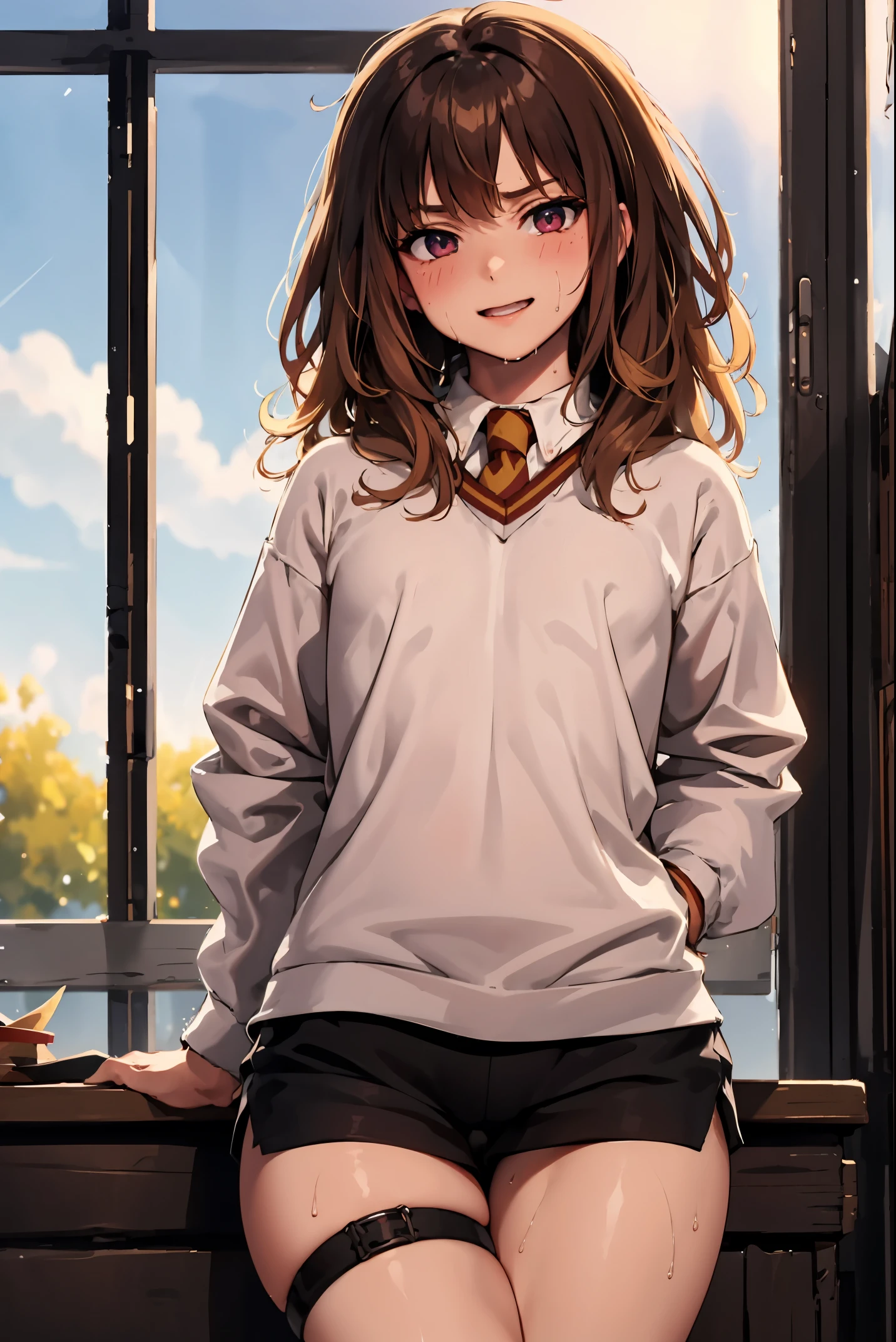 Masterpiece, hiquality, Dynamic Angle, Cowboy shot, 15 years, 1girl, child, 独奏, Hermione Granger, Shirt, leggins, Highly Detailed Beautiful Face and Eyes, Beautiful skin, Wet, blushful, Perfect anatomical smile, thigh strap, Walking, Hands Behind Your Back, Classroom, Sun light, little chest, thights, широкие thights, Атлетические thights, Erotica, orgasm, trembling, the sweat, heavy breathing, vibrator