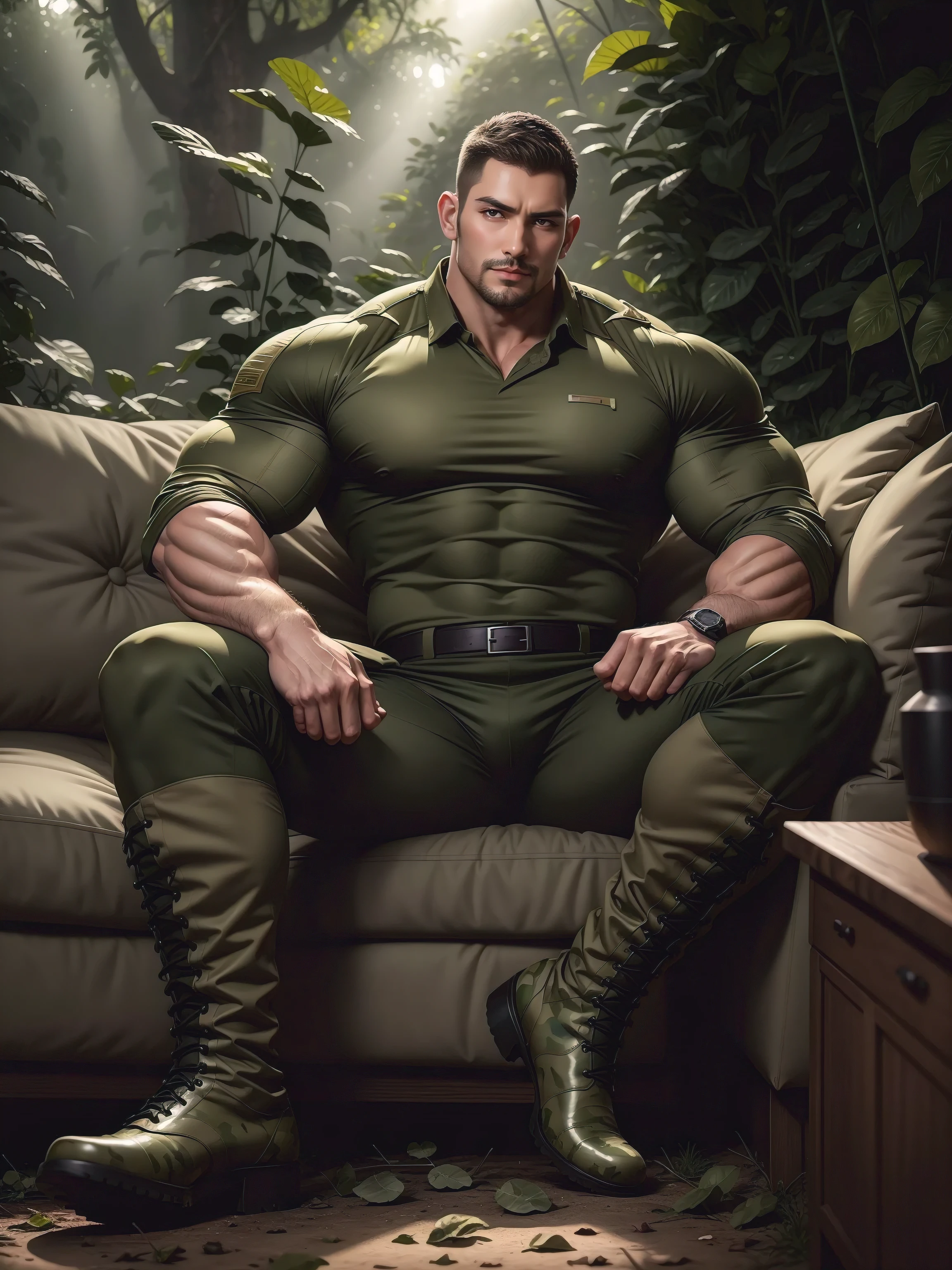 Tall giant muscular man sitting in the forest，Khaki camouflage military uniform，character  design（Resident Evil - Chris Redfield，Chris Redfield）His hairstyle is a crew cut，身穿Khaki camouflage military uniform，Matte texture，Soft and comfortable sofa，Sitting in the eerie sugar cane jungle, The body is wrapped in thick rattan，expression sad，Deep and charming eyes，The hero with emerald pupils，heroic masculine pose，Tall and burly，musculous！Charming leg muscles，tall, Burly, and strong， 身穿Khaki camouflage military uniform， Super gain and cool， commission for high resolution， Big feet in black boots，Charming strong man，Bright sunlight shines on the body，Matte particles with shiny texture