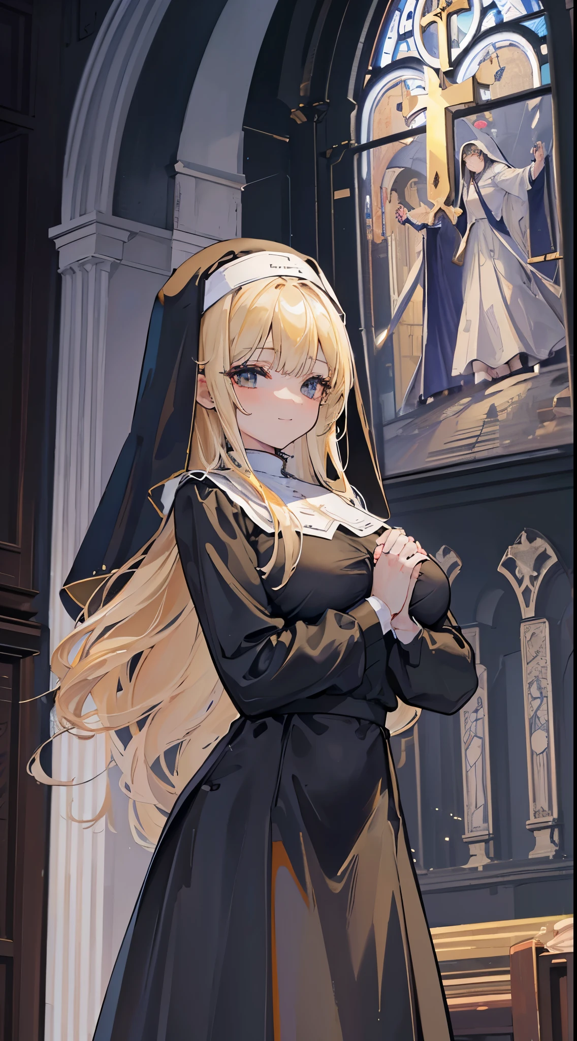 (8K、Top image quality、top-quality、​masterpiece)、A detailed face、1 girl in、a blond、blunt bangs、Gray eyes、smil、large full breasts、black nun、Praying hands、((long skirt))、shiny、cowboy  shot、Take a closer look、((church background))