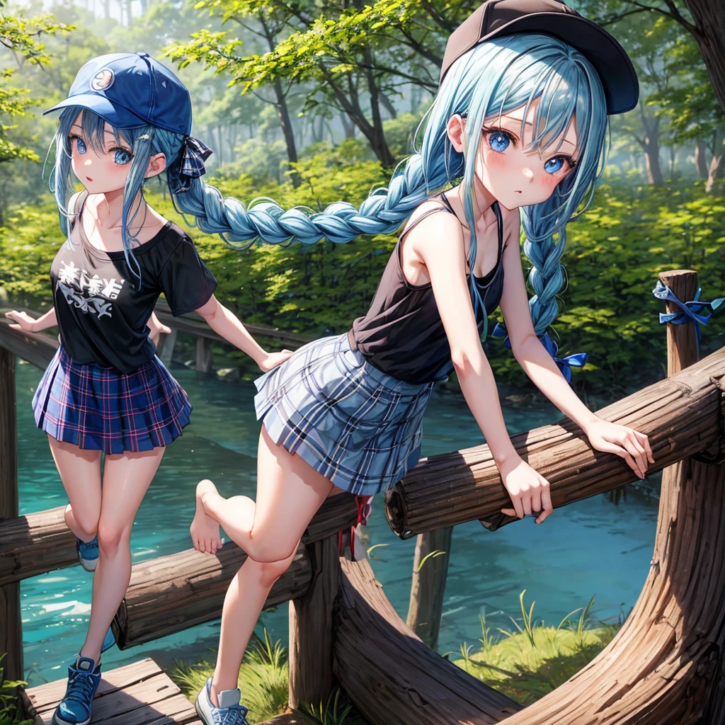 Blue hair、blue eyess、Braids、one good looking girl、独奏、animesque、Plaid miniskirt、Black T-shirt、camisole、the woods、Sunlight、Wearing a plaid baseball cap、bare-legged、Tilting your face、Walking、Crossing a log bridge while keeping balance、Doing the ribbon、have a twig