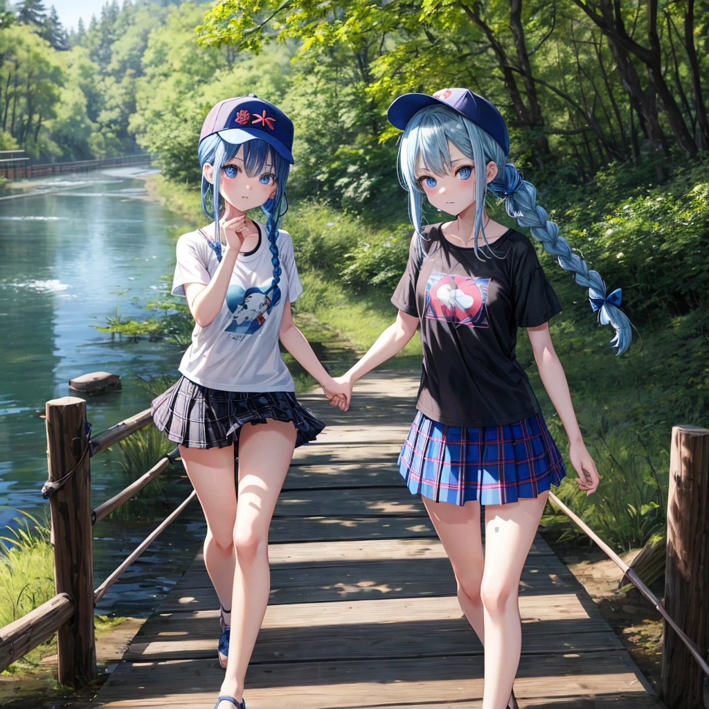 Blue hair、blue eyess、Braids、one good looking girl、独奏、animesque、Plaid miniskirt、Black T-shirt、camisole、the woods、Sunlight、Wearing a plaid baseball cap、bare-legged、Tilting your face、Walking、Crossing a log bridge while keeping balance、Doing the ribbon、have a twig