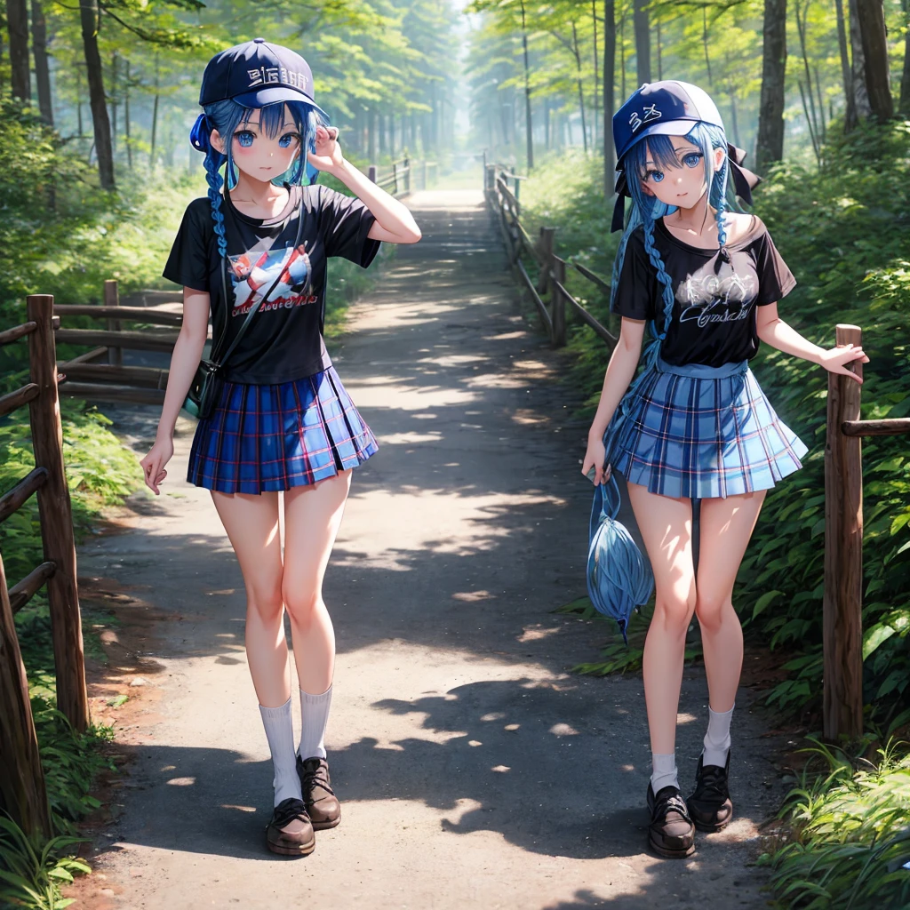 Blue hair、blue eyess、Braids、one good looking girl、独奏、animesque、Plaid miniskirt、Black T-shirt、camisole、the woods、Sunlight、Wearing a plaid baseball cap、bare-legged、Tilting your face、Walking、Crossing a log bridge while keeping balance、Doing the ribbon、have a twig