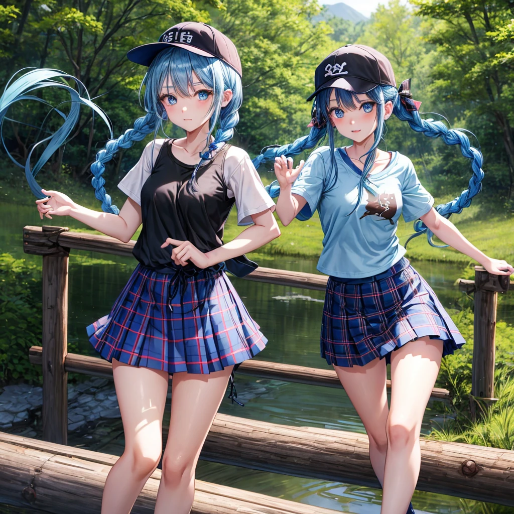 Blue hair、blue eyess、Braids、one good looking girl、独奏、animesque、Plaid miniskirt、Black T-shirt、camisole、the woods、Sunlight、Wearing a plaid baseball cap、bare-legged、Tilting your face、Walking、Crossing a log bridge while keeping balance、Doing the ribbon、have a twig