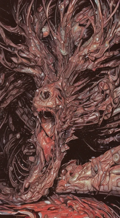 (body horror:1.4), portrait , close up of face, (biomachine:1.3), (bloody:1.2), ser vivo, (colorido:1.2), Hans Giger, many hands, (zentangle:1.2),
granulado, extremamente detalhado, detalhe intrincado, dynamic lighting, fotorrealista, natural lightting, pouca luz,
(obra-prima, detalhada, highres: 1.2), blood, red liquid , red