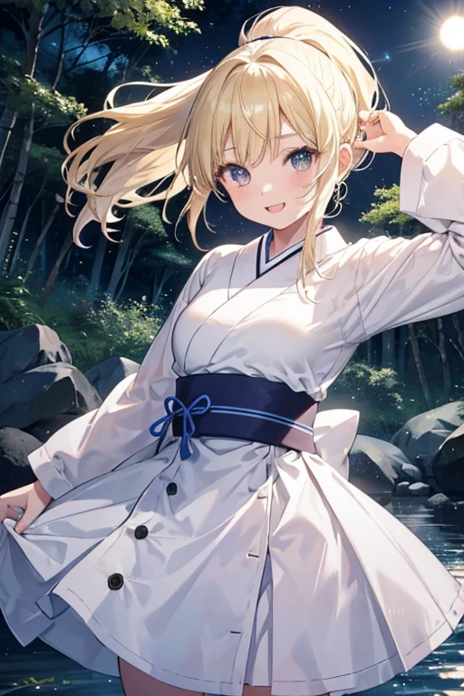 A 16 year old Japanese girl, blonde ponytail , wearing only a white party dress, singing but not having any microphone, looks funny, at a river in a forest in night, spreading her left arms forward, a bit windy scene, smiling calmly, under the moonlight