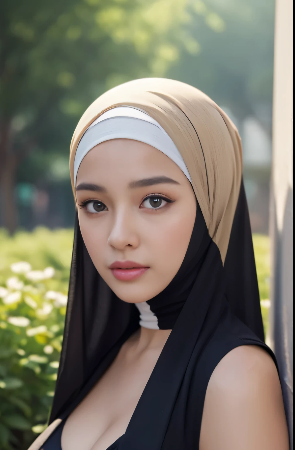 (Close-up of the painting style，Ultra HD 8K，Masterpiece grade CG wallpaper)，Cinematic lighting，cute girly，Delicate and beautiful face，Dreamy pupils，Wearing a small floral short summerdresound waist,hijabi,Bust poem,Sit，Cloudy background,the trees,florals,夏天,Chinese style buildings, cleavage, magical