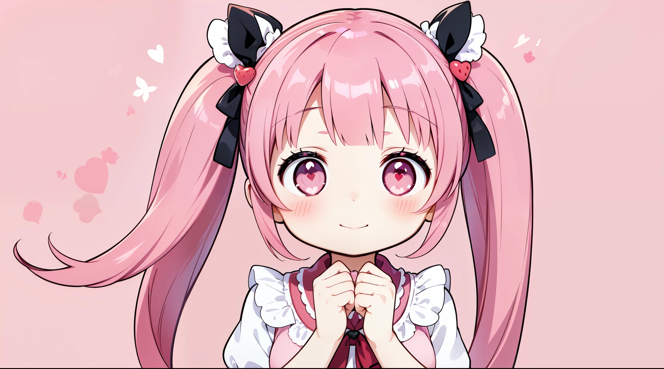 1girl in、独奏, Pink twin tails, A smile、Eyes are drooping、Pink tone、かわいいイチゴ🍓のメイド服、A cute pink background reminiscent of a strawberry parfait、((heart shaped hand)) .