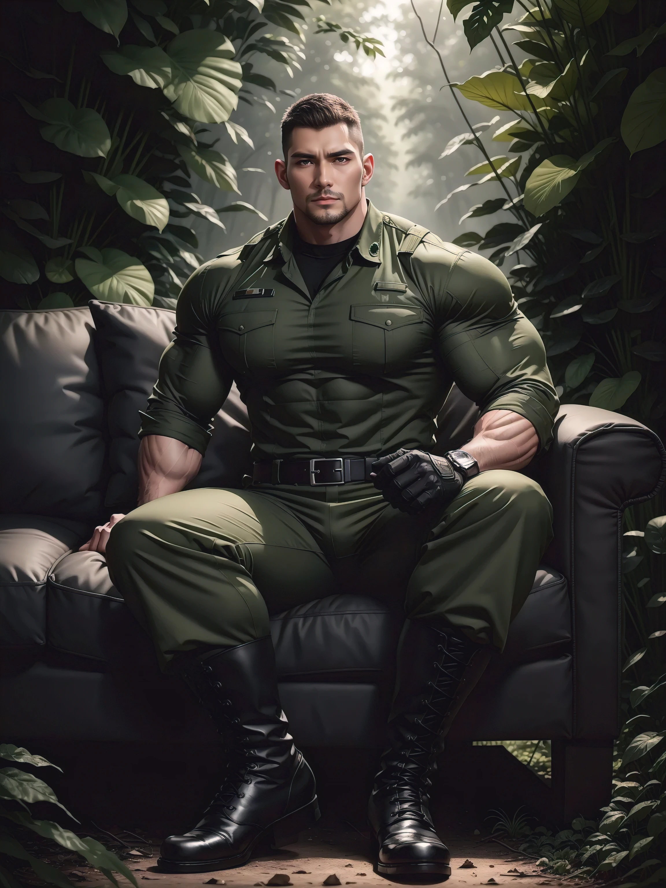 Tall giant muscular man sitting in the forest,Dark gray camouflage military uniform,character design(Resident Evil - Chris Redfield,Chris Redfield)His hairstyle is a crew cut,身穿Dark gray camouflage military uniform,Matte texture,Soft and comfortable sofa,Sitting in the eerie sugar cane jungle, The body is wrapped in thick rattan,expression sad,Deep and charming eyes,The hero with emerald pupils,heroic masculine pose,Tall and burly,musculous!Charming leg muscles,tall, Burly, and strong, 身穿Dark gray camouflage military uniform, Super gain and cool, commission for high resolution, Big feet in black boots,Charming strong man,Bright sunlight shines on the body,Matte particles with shiny texture