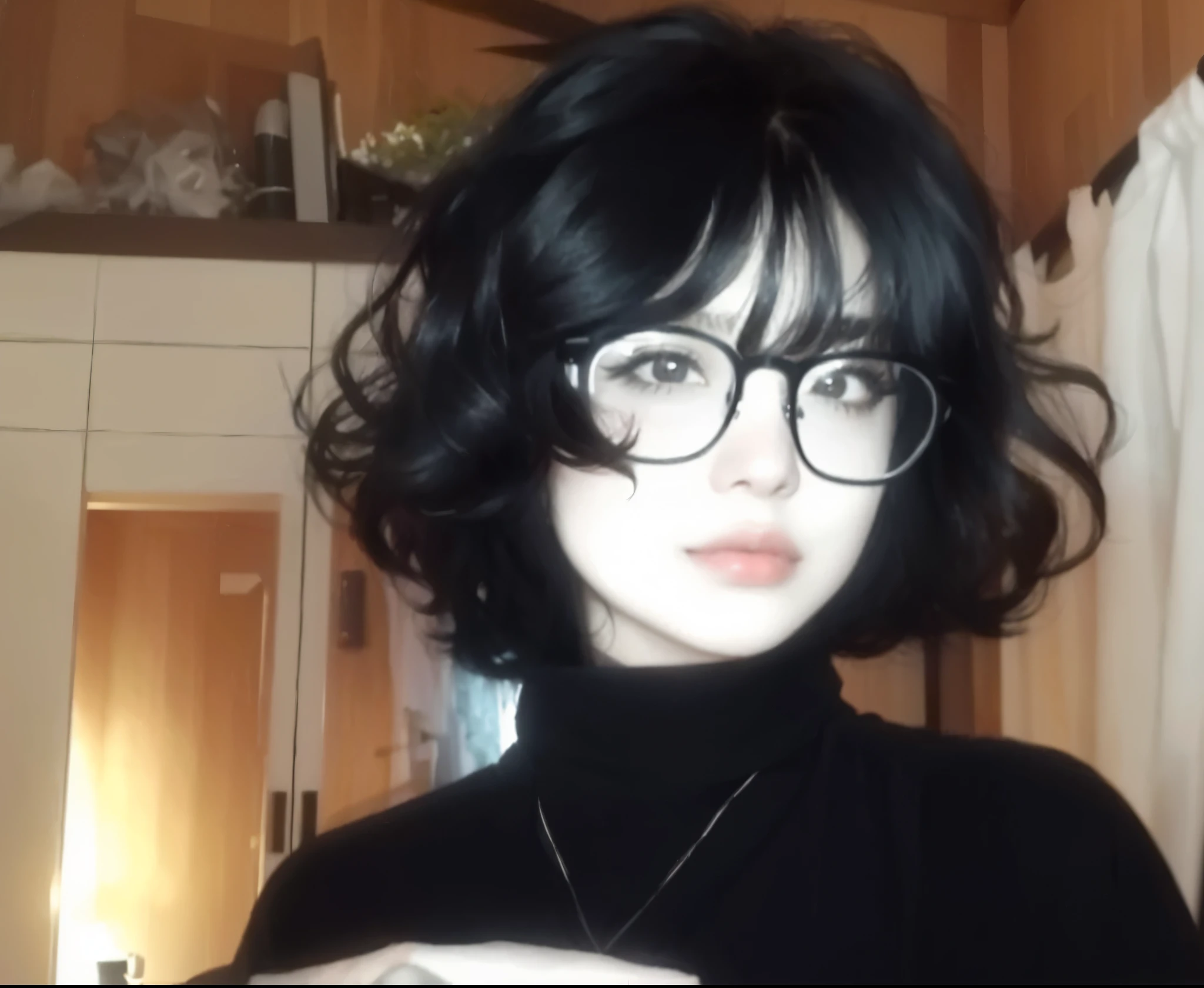 there is a woman with glasses and a black shirt on a bed, wavy long black hair and glasses, 1 7 - year - old goth girl, cabelos pretos e olhos grandes, she has black hair com franja, cabelo blackbangs cabelo, com franja, (cabelos cacheados escuros e curtos), 18 anos, with short hair com franja, black wavy hair com franja