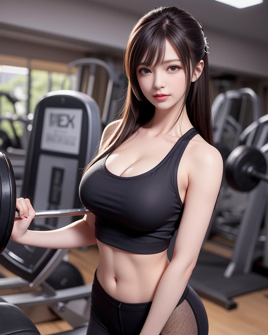 8K,Best Quality,masutepiece,Extremely detailed,Realistic,1girl in,A Japanese Lady,(Big breasts:1.2),cleavage,[[Cameltoe]],Toned and glamorous body,(Tank Tops:1.3),(Hot Pants:1.Onytail,Brown hair,Smirk,(sweaty breasts:1.3),Looking at Viewer,Cowboy Shot,((gym:1.2)),
