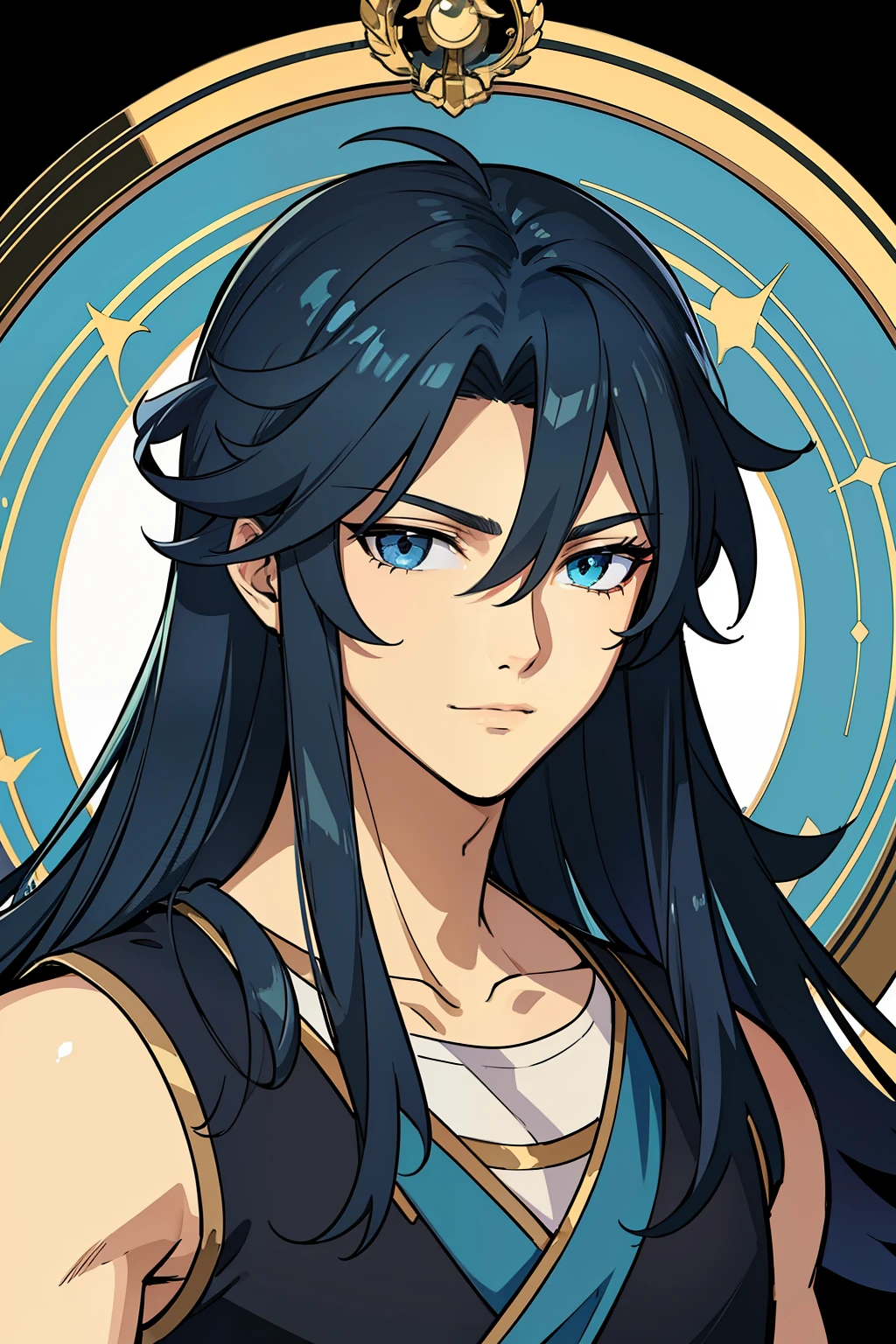 (high-quality, breathtaking),(expressive eyes, perfect face) 1boy, boy, solo, adult, dark blue hair, blue coloured eyes, stylised hair, gentle smile, medium length hair, loose hair, side bangs, curley hair, really spiky hair, looking at viewer, portrait, ancient greek clothes, blue black and white tunic, white Chlamys, sleeveless, greek, blue and gold sash, music inspired background, related to Orpheus, hair accessory blue