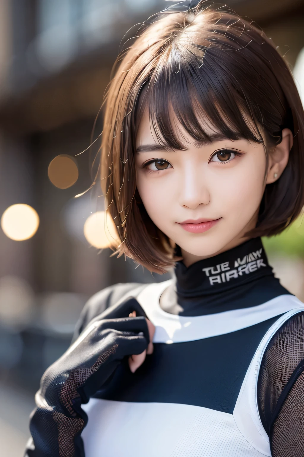 1 girl、cute little、17 years old、A smile、Look at the viewer、Rider Suit、a picture、Realistic、top-quality、adopt、A detailed face、Shorthair、Near Future City、细致背景、diffuse lighting、depth of fields、bokeh feeling