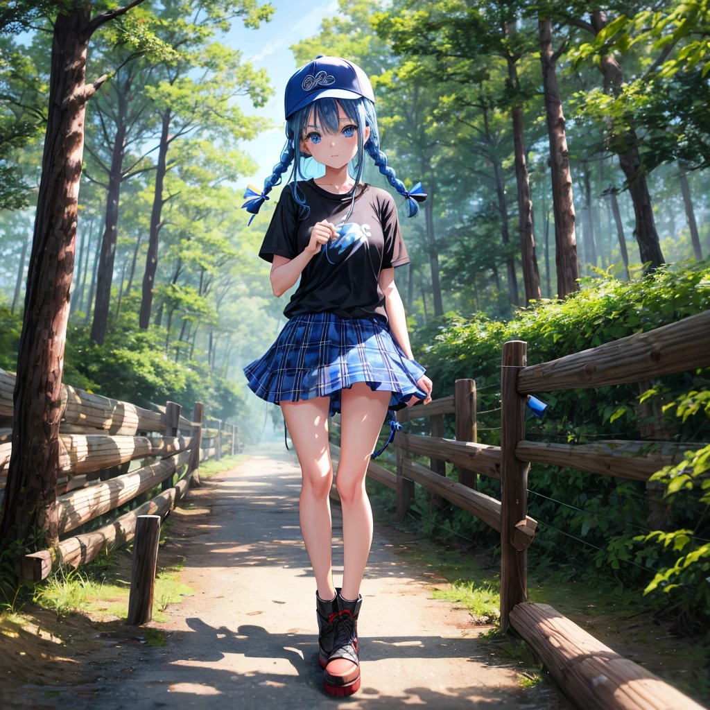 Blue hair、blue eyess、Braids、one good looking girl、独奏、animesque、Plaid miniskirt、Black T-shirt、camisole、the woods、Sunlight、Wearing a plaid baseball cap、bare-legged、Tilting your face、Walking、Crossing a log bridge while keeping balance、Doing the ribbon、have a twig