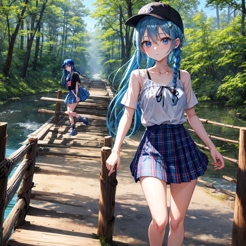 Blue hair、blue eyess、Braids、one good looking girl、独奏、animesque、Plaid miniskirt、Black T-shirt、camisole、the woods、Sunlight、Wearing a plaid baseball cap、bare-legged、Tilting your face、Walking、Crossing a log bridge while keeping balance、Doing the ribbon、have a twig