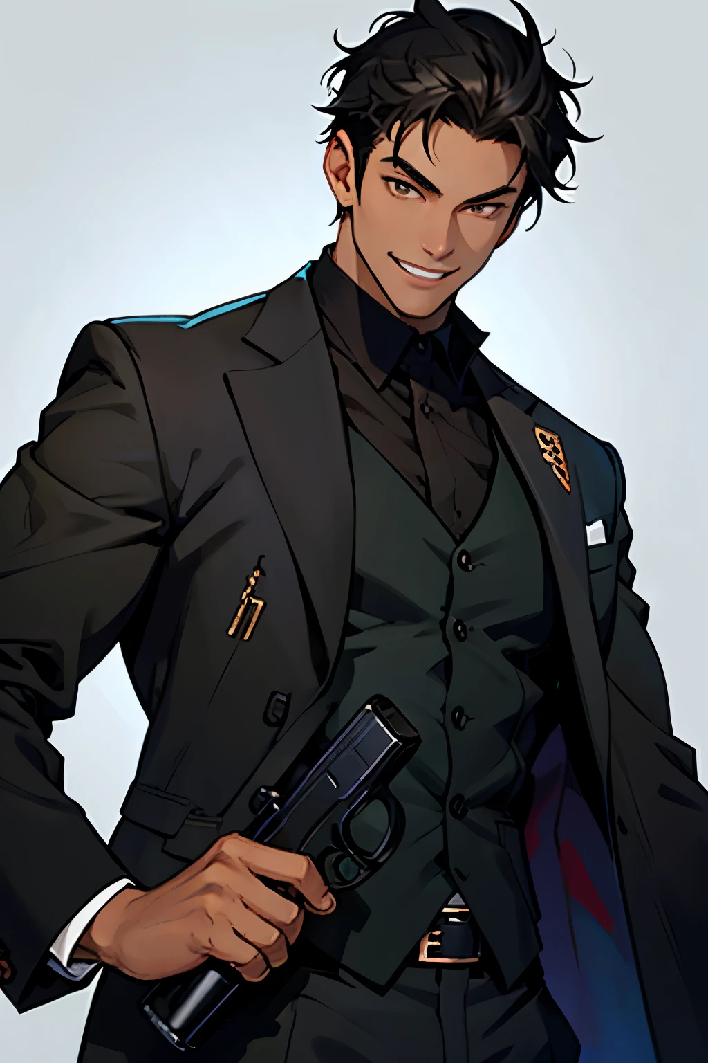 Black young man, black hair, medium hair, Tall, black suit, Brown eyes, fang, smile, gun, beautiful