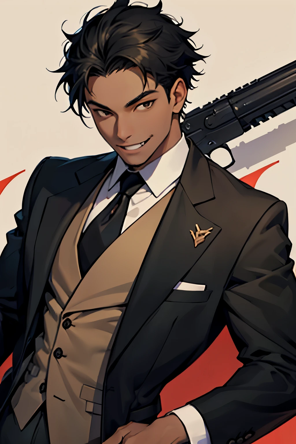 Black young man, black hair, medium hair, Tall, black suit, Brown eyes, fang, smile, gun, beautiful