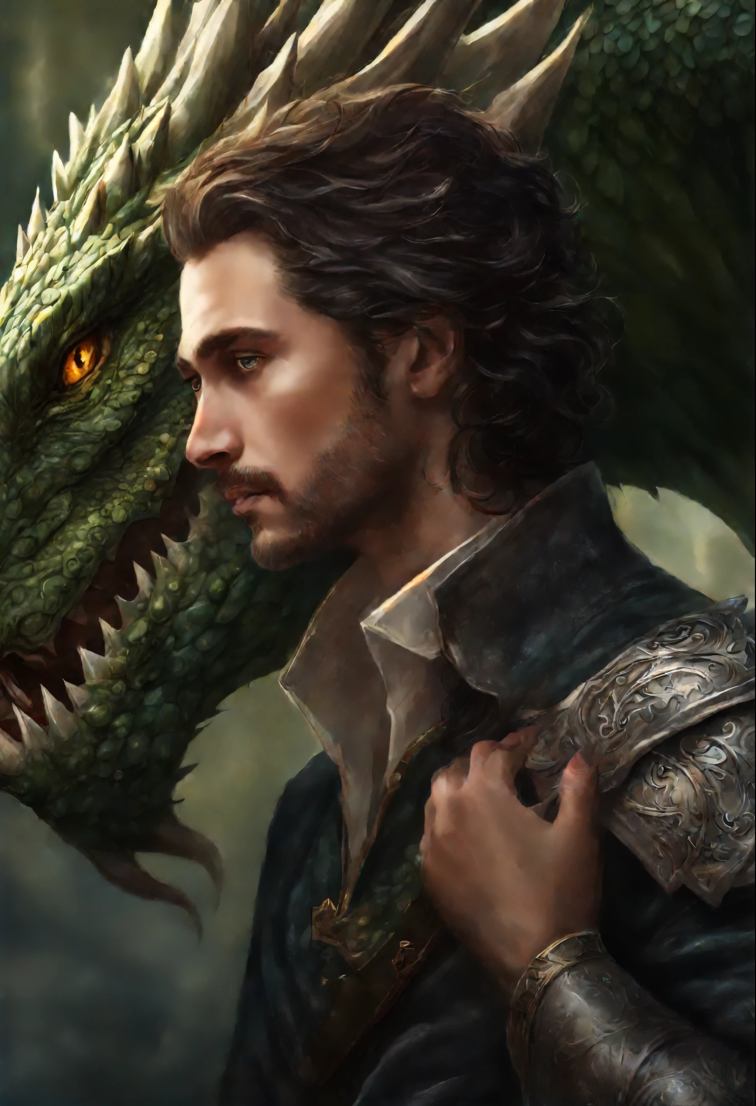 close-up of a green-eyed brunette with brown curls, hugging a gray-haired man, near a huge green dragon, epic fantasy art style, dark fantasy style art, detailed fanart, fantasy portrait, artistic portrait in epic fantasy style, graphic artist magali villeneuve, male portrait in fantasy style, The Man with the Soul of a Dragon, epic fantasy style art, epic fantasy digital art style