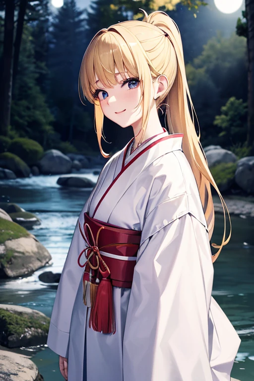 A 16 year old Japanese girl, blonde ponytail , wearing only a white Japanese traditional dress , singing but not having any microphone, looks funny, at a river in a forest in night, spreading her left arms forward, a bit windy scene, smiling calmly, under the moonlight, looking forward