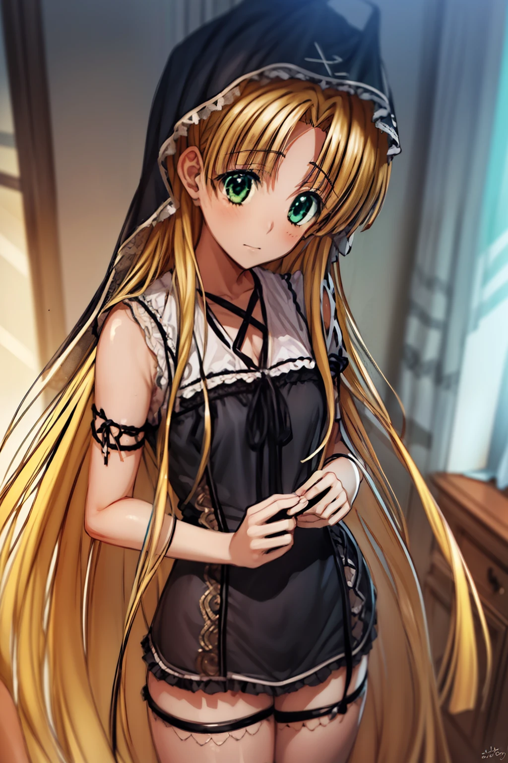 Chica anime con cabello largo y rubio y un vestido blanco y negro, Chica rubia de anime con cabello largo, Marisa Kirisame, Chica anime con pelo largo, Anime CG soft art, Chica de anime con disfraz de sirvienta, Loli en vestido, Anime visual de una chica linda, Chica anime con un vestido negro, Personaje femenino de anime, Lolish, Chica de anime Gothic Maiden A girl tied with Shibari ropes., sentirse avergonzado y sonrojado, en estado vulnerable y expuesto. Las cuerdas son intrincadas y bellamente entrelazadas alrededor de su cuerpo., accentuating its curves and highlighting the artistic aspect of the scene. The lighting is soft, Proyectando sombras suaves, creating an intimate atmosphere and. The colors are muted and warm, con un enfoque en tonos tierra, Improve overall aesthetics. His facial expression shows a mix of shyness and vulnerability.., con ojos detallados y labios ligeramente entreabiertos, convey a sense of longing and anticipation. The texture of the artwork is reminiscent of a fine pencil drawing., with delicate lines and shading, capturar los intrincados detalles de the ropes and the girl's skin. The artwork is of the highest quality, with ultra-detailed craftsmanship and photorealistic rendering, showing the artist&#39;s skill and attention to detail. A girl tied with Shibari ropes., sentirse avergonzado y sonrojado, en estado vulnerable y expuesto. Las cuerdas son intrincadas y bellamente entrelazadas alrededor de su cuerpo., accentuating its curves and highlighting the artistic aspect of the scene. The lighting is soft, Proyectando sombras suaves, creating an intimate atmosphere and. The colors are muted and warm, con un enfoque en tonos tierra, Improve overall aesthetics. His facial expression shows a mix of shyness and vulnerability.., con ojos detallados y labios ligeramente entreabiertos, convey a sense of longing and anticipation. The texture of the artwork is reminiscent of a fine pencil drawing., with delicate lines and shading, capturar lo