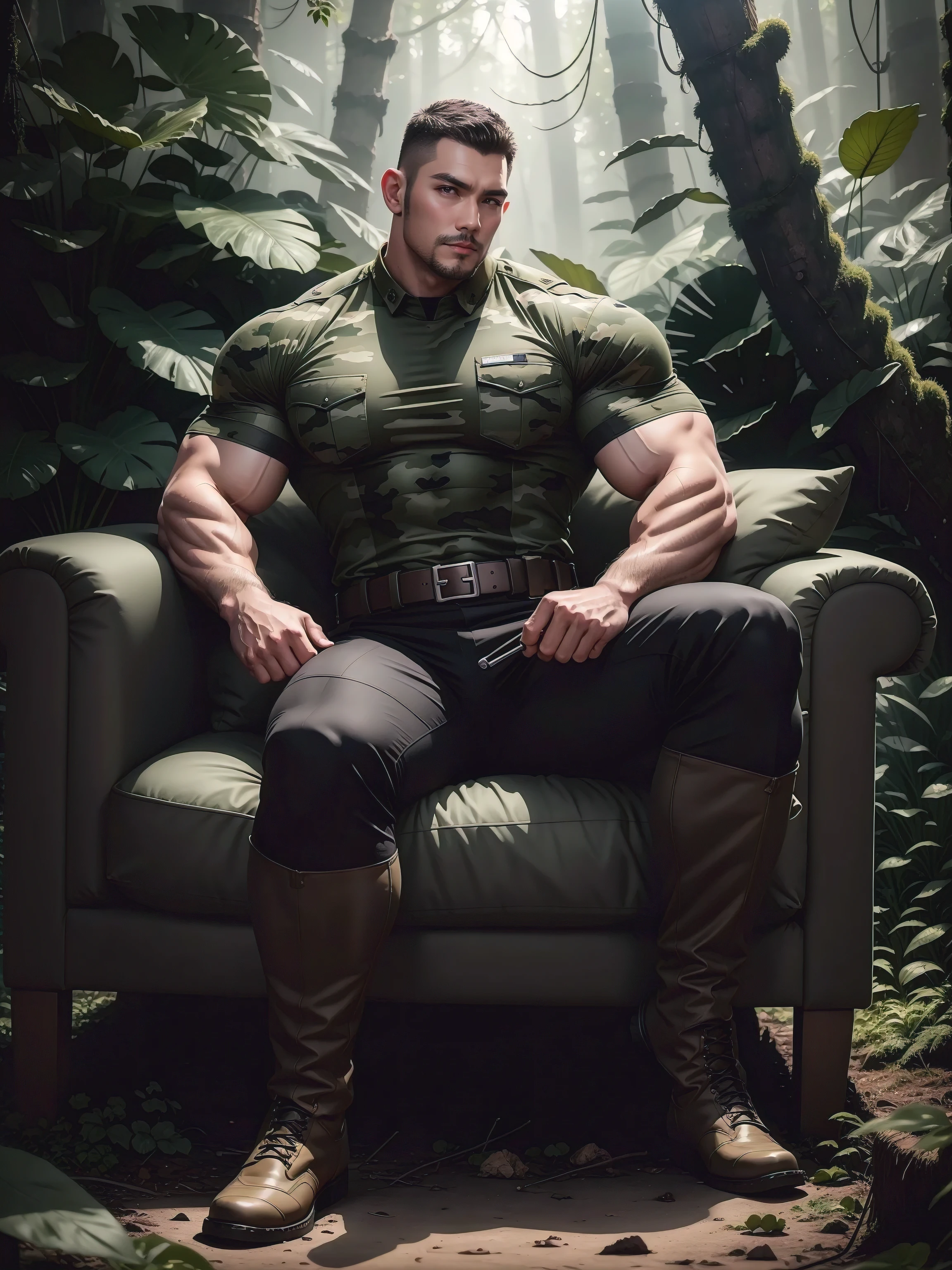 Tall giant muscular man sitting in the forest,Dark gray camouflage military uniform,character design(Resident Evil - Chris Redfield,Chris Redfield)His hairstyle is a crew cut,身穿Dark gray camouflage military uniform,Matte texture,Soft and comfortable sofa,Sitting in the eerie sugar cane jungle, The body is wrapped in thick rattan,expression sad,Deep and charming eyes,The hero with emerald pupils,heroic masculine pose,Tall and burly,musculous!Charming leg muscles,tall, Burly, and strong, 身穿Dark gray camouflage military uniform, Super gain and cool, commission for high resolution, Big feet in black boots,Charming strong man,Bright sunlight shines on the body,Matte particles with shiny texture