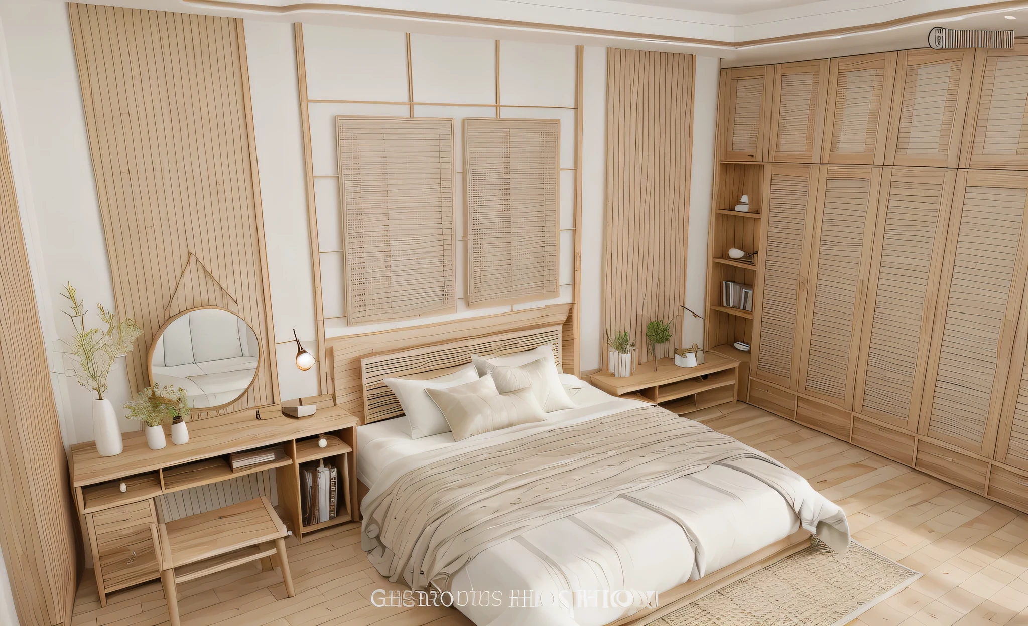 bed room,RAW photo,Masterpiece, high quality, best quality, authentic, super detail, interior,white wall, Neutral color for furniture,natural wooden texture, bamboo furniture, Realistic reflexes,realistic light , vray