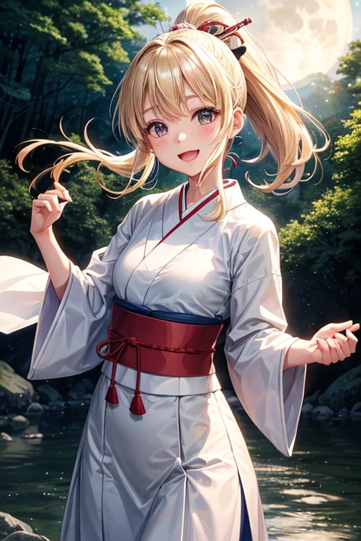 A 16 year old Japanese girl, blonde ponytail , wearing only a white Japanese traditional dress , singing but not having any microphone, looks funny, at a river in a forest in night, spreading her left arms forward, a bit windy scene, smiling calmly, under the moonlight, looking forward