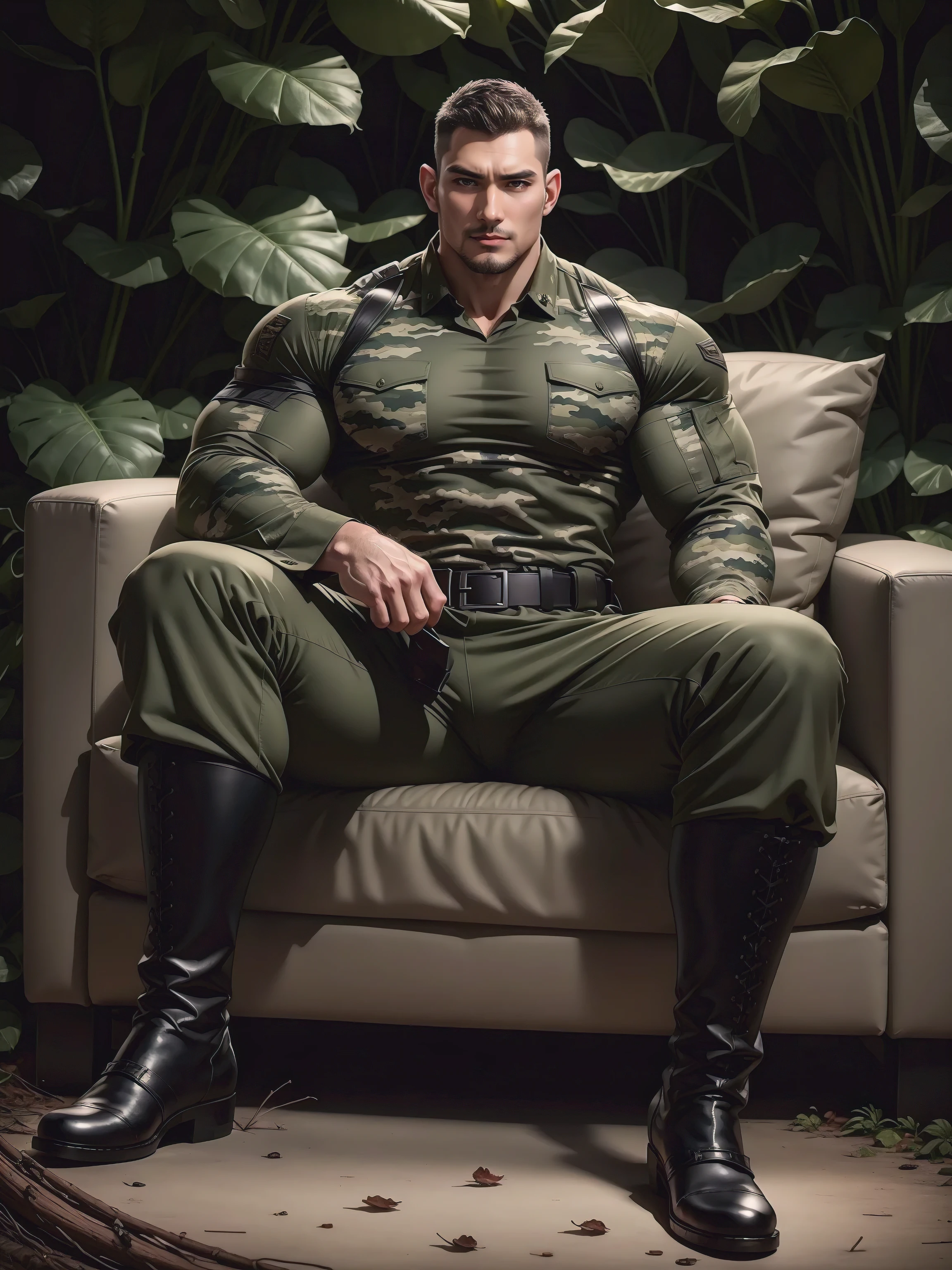 Tall giant muscular man sitting in the forest，Dark gray camouflage military uniform，character  design（Resident Evil - Chris Redfield，Chris Redfield）His hairstyle is a crew cut，身穿Dark gray camouflage military uniform，Matte texture，Soft and comfortable sofa，Sitting in the eerie sugar cane jungle, The body is wrapped in thick rattan，expression sad，Deep and charming eyes，The hero with emerald pupils，heroic masculine pose，Tall and burly，musculous！Charming leg muscles，tall, Burly, and strong， 身穿Dark gray camouflage military uniform， Super gain and cool， commission for high resolution， Big feet in black boots，Charming strong man，Bright sunlight shines on the body，Matte particles with shiny texture