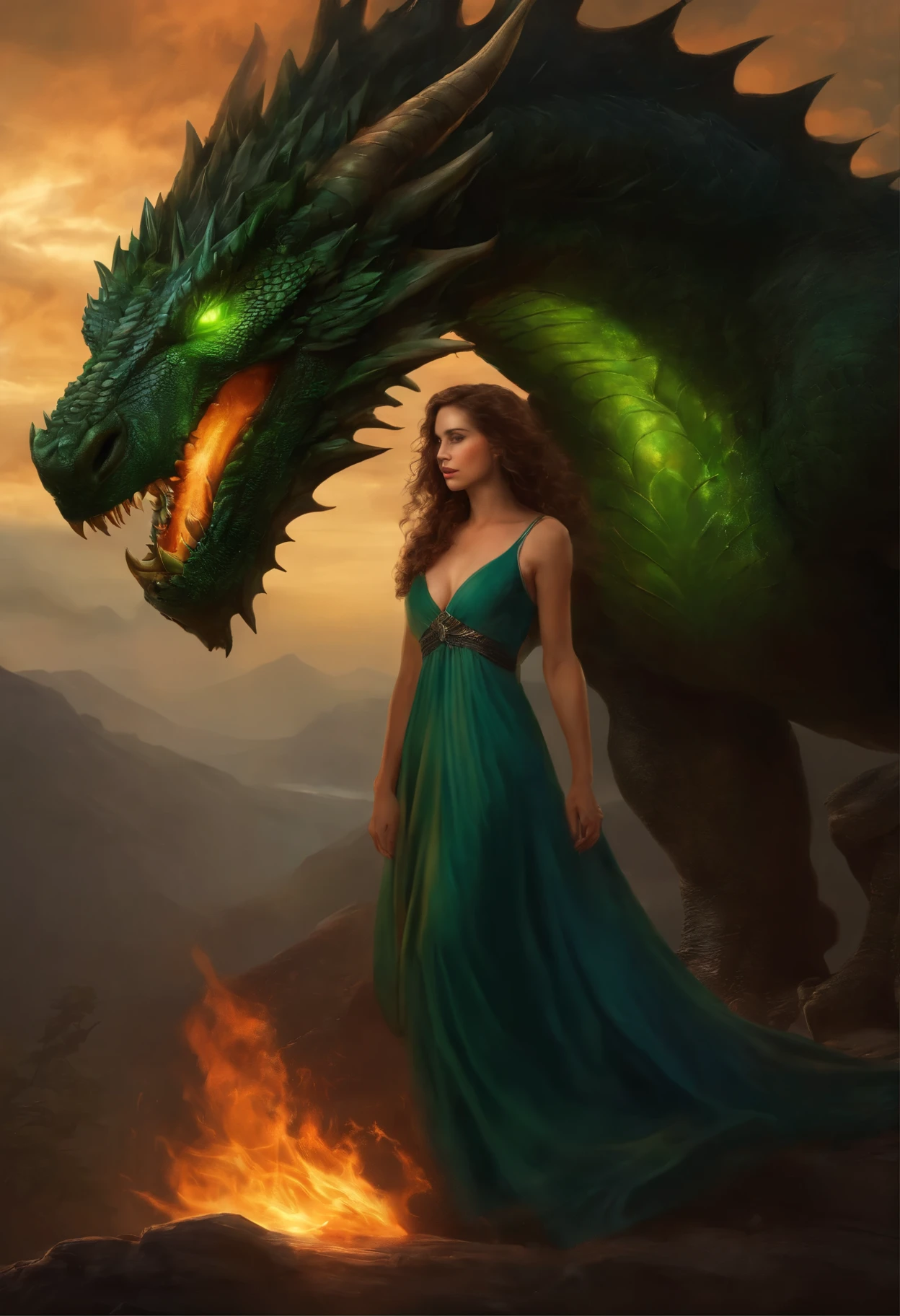 close-up of a woman with brown curls and green eyes wearing a blue nightgown, standing face to face with a huge majestic green dragon and a scorching fire demon , epic fantasy art style, dark fantasy style art, portrait of fin wildcloak, detailed fanart, fantasy portrait, artistic portrait in epic fantasy style, graphic artist magali villeneuve, male portrait in fantasy style, The Man with the Soul of a Dragon, epic fantasy style art, epic fantasy digital art style