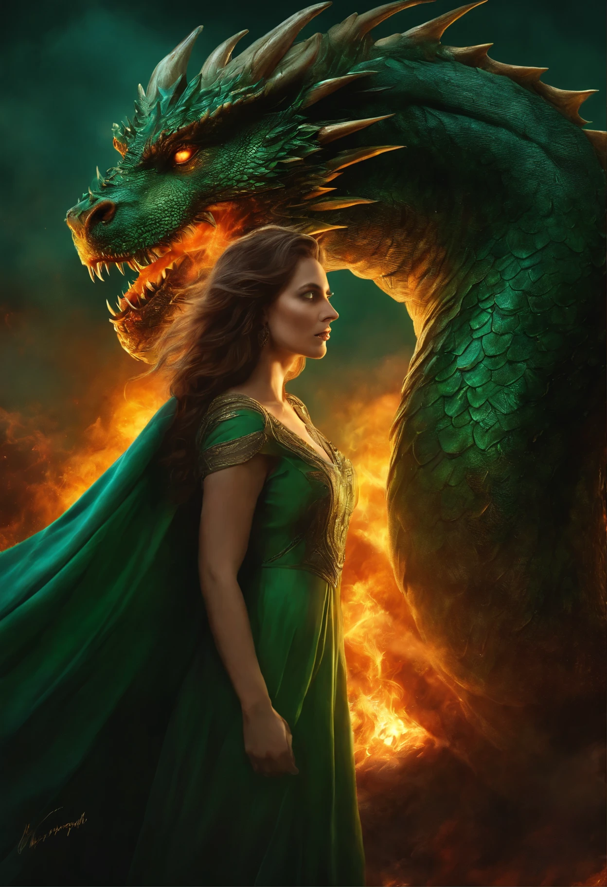close-up of a woman with brown curls and green eyes wearing a blue nightgown, standing face to face with a huge majestic green dragon and a scorching fire demon , epic fantasy art style, dark fantasy style art, portrait of fin wildcloak, detailed fanart, fantasy portrait, artistic portrait in epic fantasy style, graphic artist magali villeneuve, male portrait in fantasy style, The Man with the Soul of a Dragon, epic fantasy style art, epic fantasy digital art style