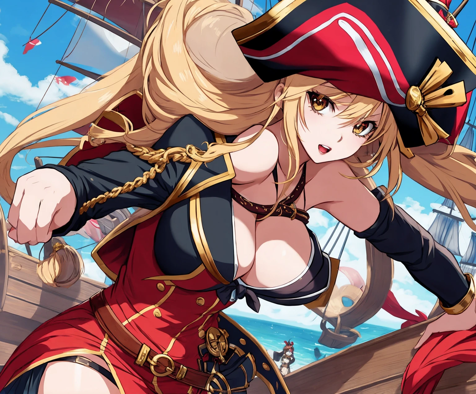 Anime image of a sexy girl dressed in a pirate outfit standing on the bow of a huge pirate ship