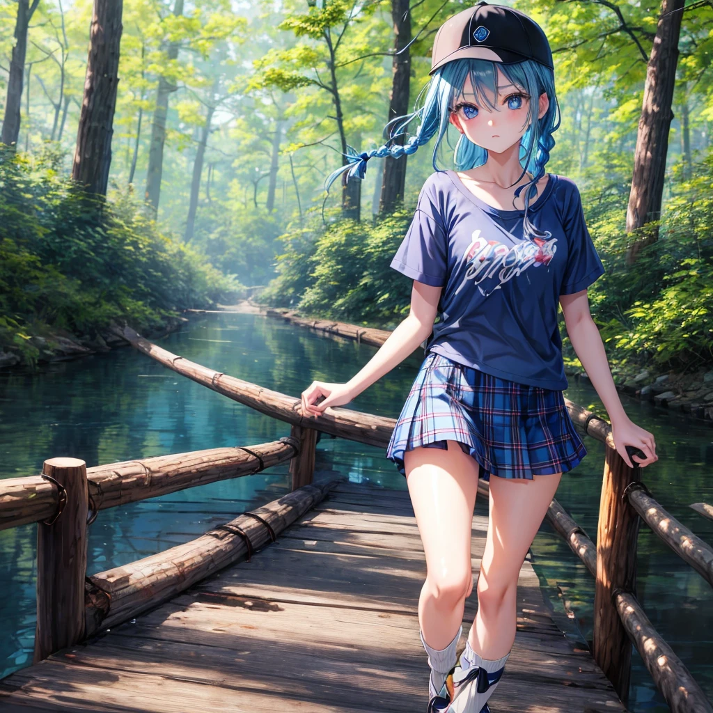 Blue hair、blue eyess、Braids、one good looking girl、独奏、animesque、Plaid miniskirt、Black T-shirt、camisole、the woods、Sunlight、Wearing a plaid baseball cap、bare-legged、Tilting your face、Walking、Crossing a log bridge while keeping balance、Doing the ribbon、have a twig