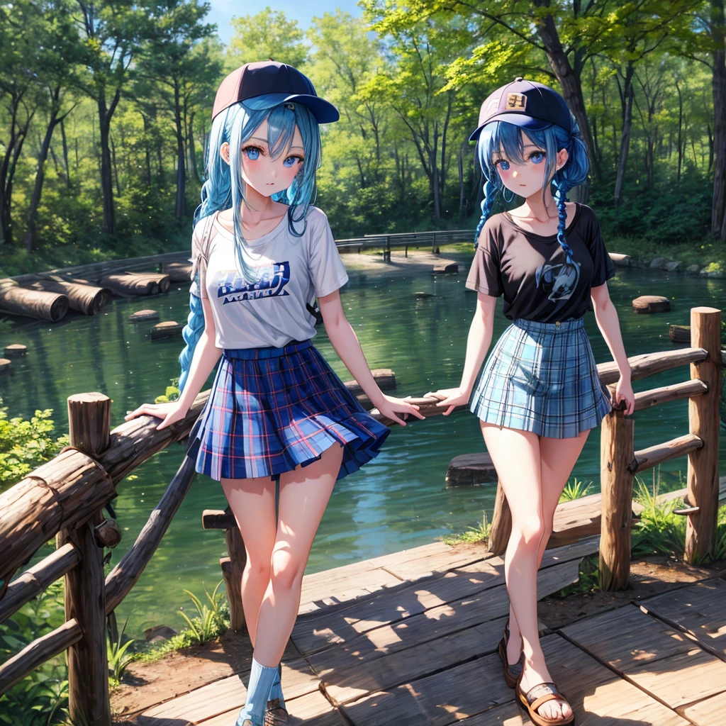 Blue hair、blue eyess、Braids、one good looking girl、独奏、animesque、Plaid miniskirt、Black T-shirt、camisole、the woods、Sunlight、Wearing a plaid baseball cap、bare-legged、Tilting your face、Walking、Crossing a log bridge while keeping balance、Doing the ribbon、have a twig