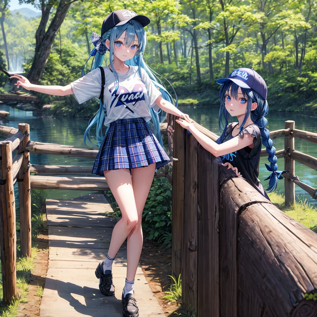 Blue hair、blue eyess、Braids、one good looking girl、独奏、animesque、Plaid miniskirt、Black T-shirt、camisole、the woods、Sunlight、Wearing a plaid baseball cap、bare-legged、Tilting your face、Walking、Crossing a log bridge while keeping balance、Doing the ribbon、have a twig