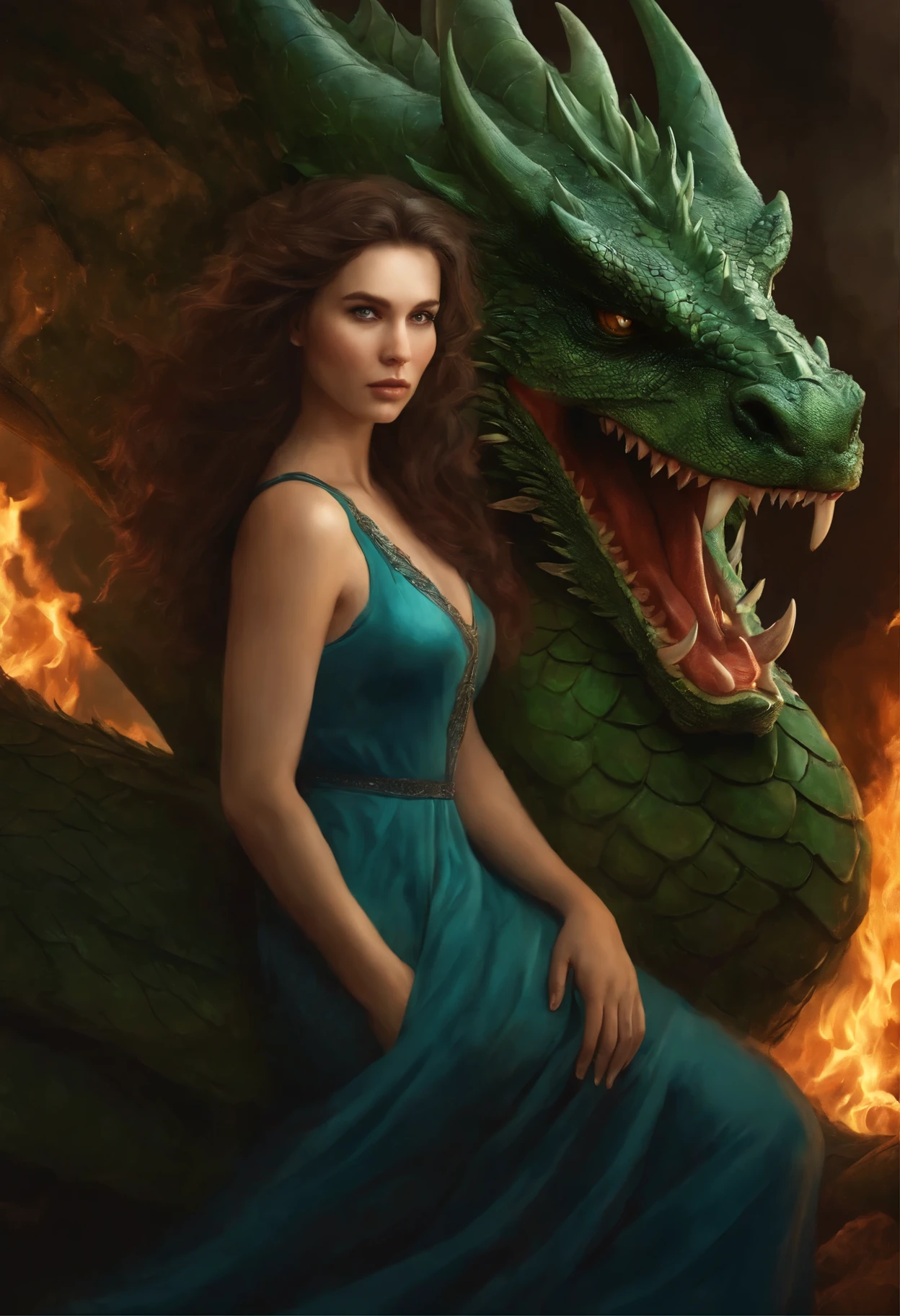 close-up of a woman with brown curls and green eyes wearing a blue nightgown, standing face to face with a huge majestic green dragon and a scorching fire demon , epic fantasy art style, dark fantasy style art, portrait of fin wildcloak, detailed fanart, fantasy portrait, artistic portrait in epic fantasy style, graphic artist magali villeneuve, male portrait in fantasy style, The Man with the Soul of a Dragon, epic fantasy style art, epic fantasy digital art style