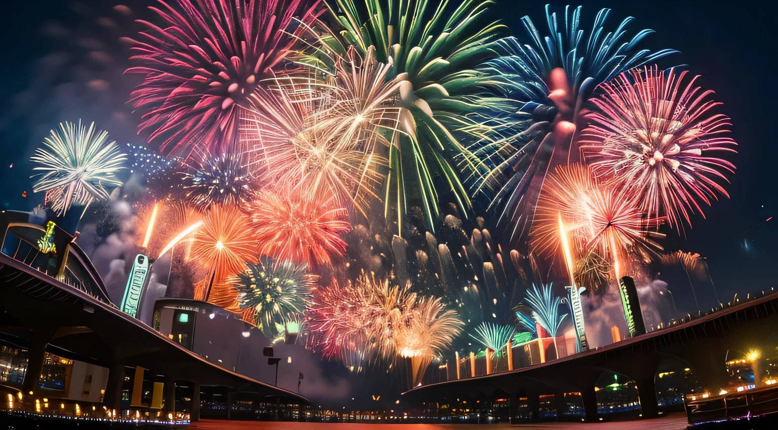 "Create a vibrant and colorful fireworks display, Capture the excitement of the countdown, 16 in high resolution 8K quality:9 aspect ratio. The image has、Must depict dazzling, brightly colored fireworks。, illuminating the night sky, symbolizes celebration and anticipation. Pay attention to the detailed details and dynamic colors of the fireworks, Ensure a sense of depth and realism."
