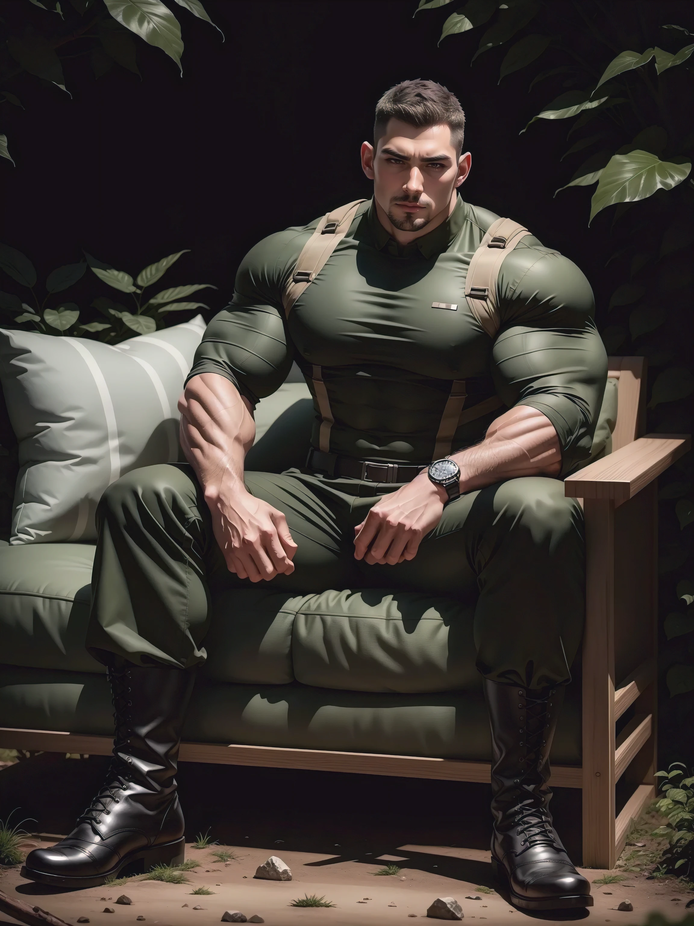 Tall giant muscular man sitting in the forest,Dark black camouflage military uniform,character design(Resident Evil - Chris Redfield,Chris Redfield)His hairstyle is a crew cut,身穿Dark black camouflage military uniform,Matte texture,Soft and comfortable sofa,Sitting in the eerie sugar cane jungle, The body is wrapped in thick rattan,expression sad,Deep and charming eyes,The hero with jewel-like pupils,heroic masculine pose,Tall and burly,musculous!Charming leg muscles,tall, Burly, and strong, 身穿Dark black camouflage military uniform, Super gain and cool, commission for high resolution, Big feet in black boots,Charming strong man,Bright sunlight shines on the body,Matte particles with shiny texture