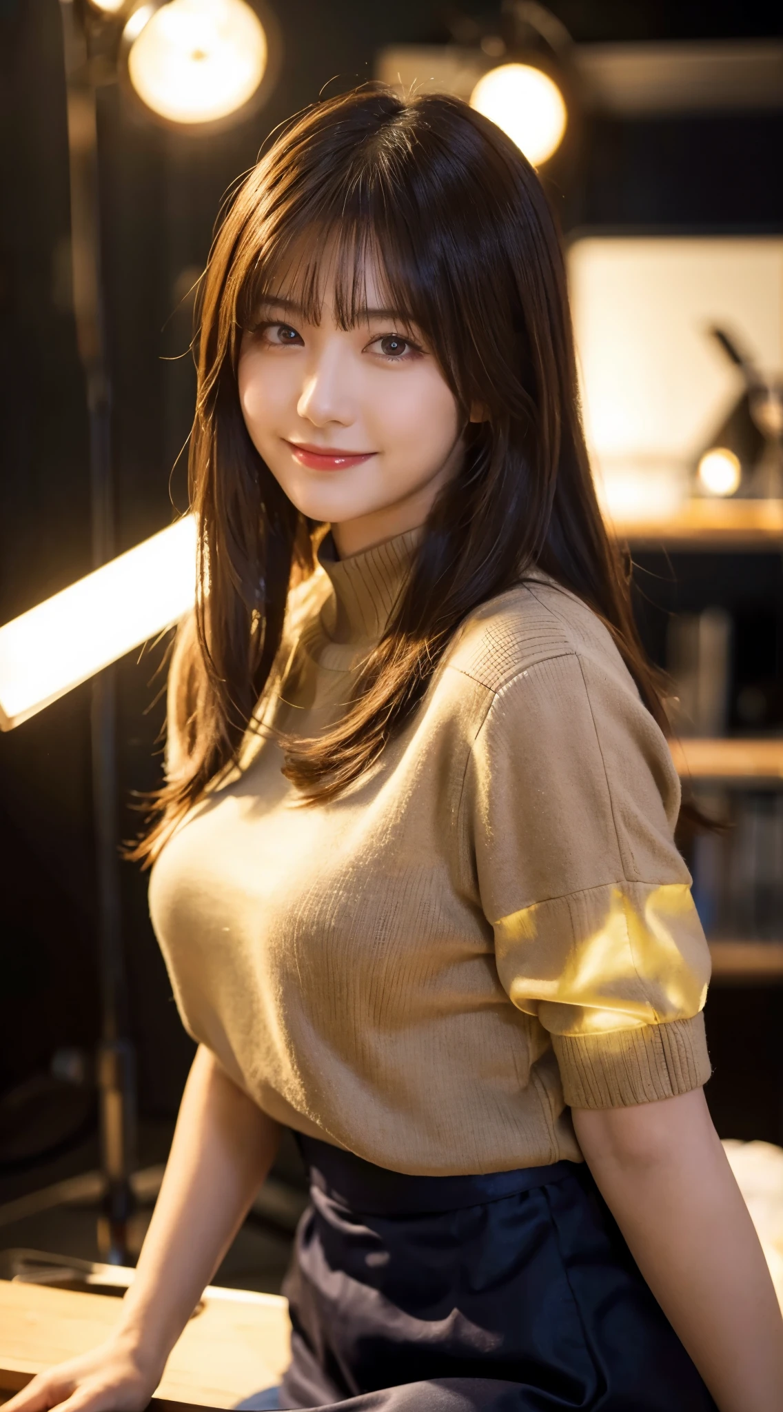 (top-quality,masterpiece:1.3,超A high resolution,),(ultra-detailliert,Caustics),(Photorealsitic:1.4,RAW shooting,)TV Studio,Female Announcer,25-years old,Natural brown hair,Smiling and looking at the camera,Colossal tits,Sweaters,skirt by the,composition from the waist up,Bright lighting,Professional Writing