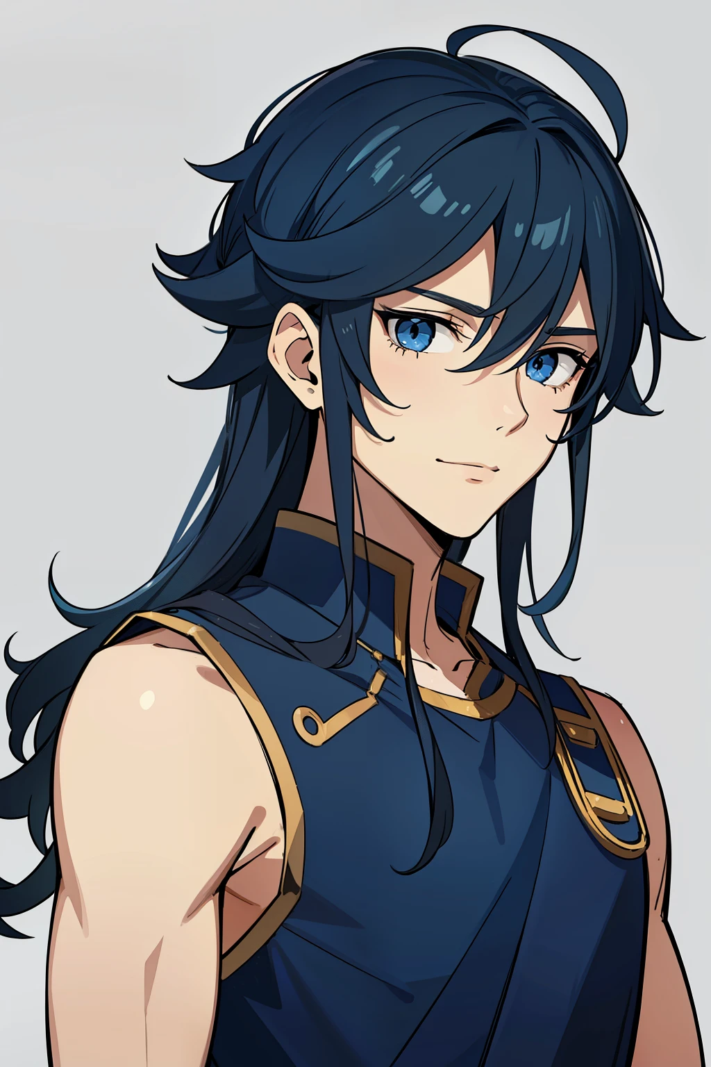 (high-quality, breathtaking),(expressive eyes, perfect face) 1boy, boy, solo, adult, dark blue hair, blue coloured eyes, stylised hair, gentle smile, medium length hair, loose hair, side bangs, curley hair, really spiky hair, looking at viewer, portrait, ancient greek clothes, blue black and white tunic, white Chlamys, sleeveless, greek, blue and gold sash, music inspired background, related to Orpheus, hair accessory blue