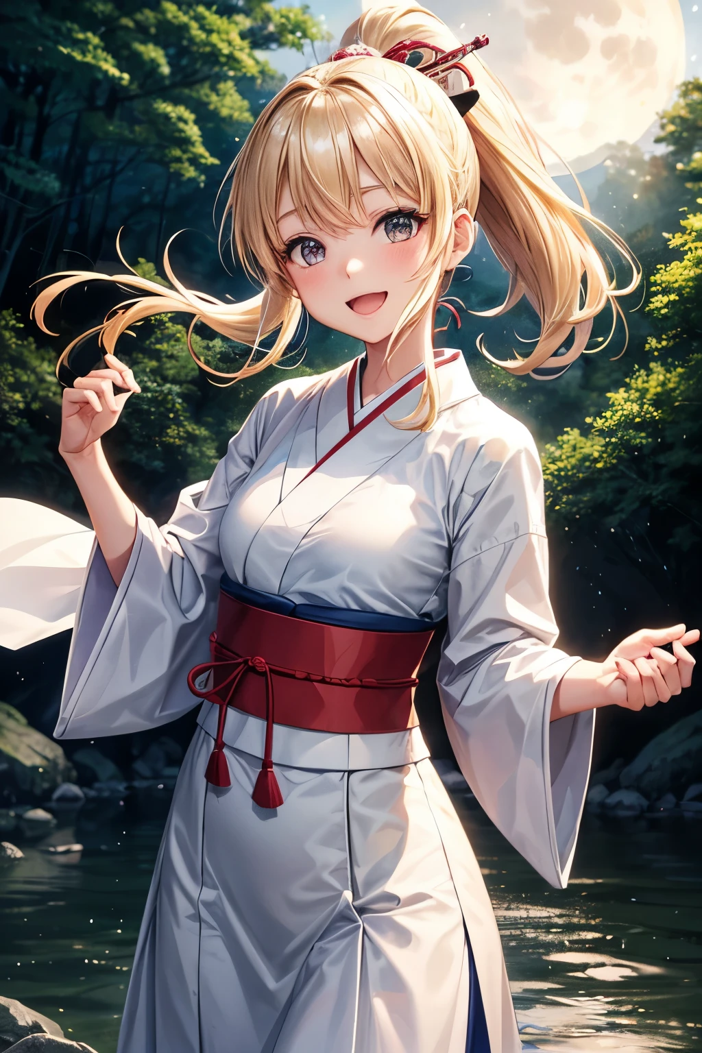 A 16 year old Japanese girl, blonde ponytail , wearing only a white Japanese traditional dress , singing but not having any microphone, looks funny, at a river in a forest in night, spreading her left arms forward, a bit windy scene, smiling calmly, under the moonlight, looking forward