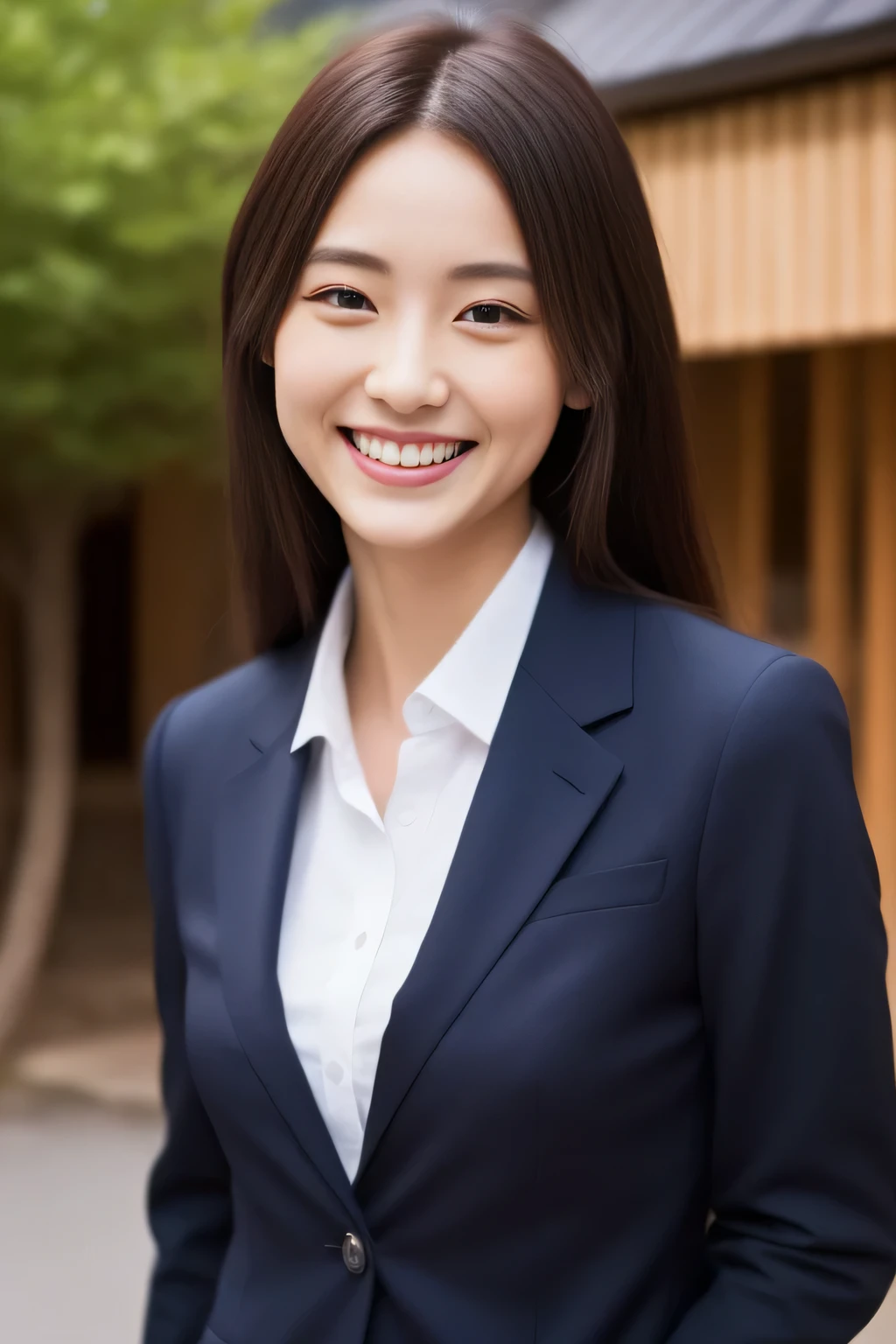 Face is an actress、Please wear a jacket suit、hiquality、A hyper-realistic、healthy、Smiling expression、Slender perfect figure、Japanese beauty ace perfect、Beautiful skin、background is kyoto