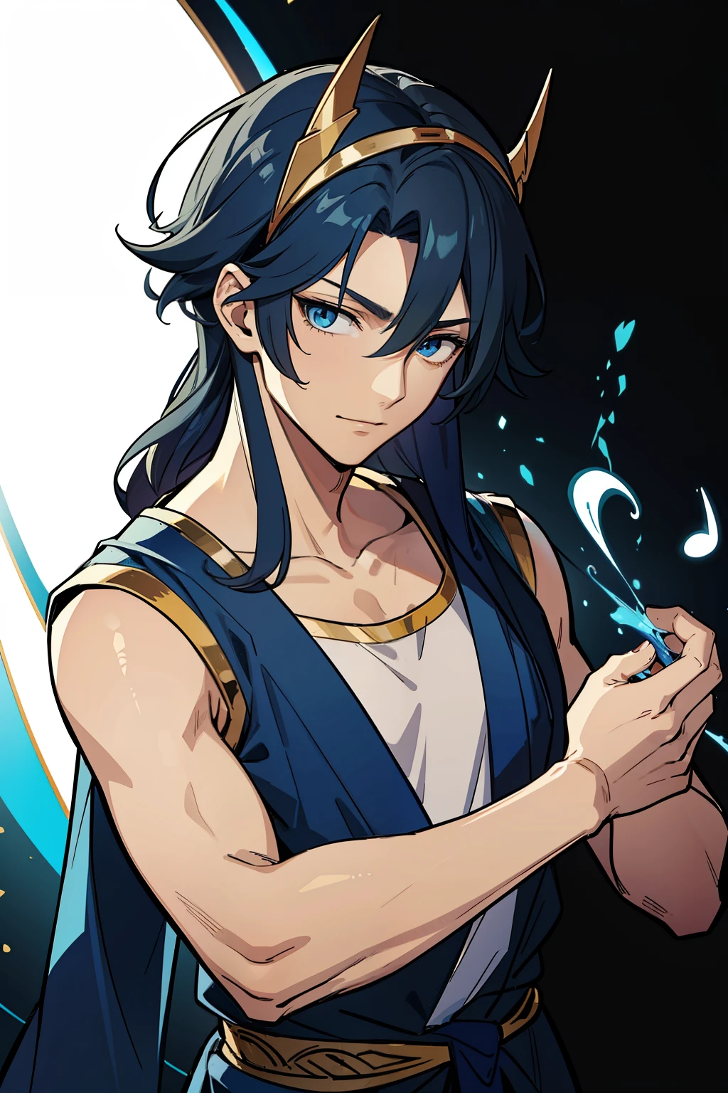 (high-quality, breathtaking),(expressive eyes, perfect face) 1boy, boy, solo, adult, dark blue hair, blue coloured eyes, stylised hair, gentle smile, medium length hair, loose hair, side bangs, curley hair, really spiky hair, looking at viewer, portrait, ancient greek clothes, blue black and white tunic, white Chlamys, sleeveless, greek, blue and gold sash, music inspired background, related to Orpheus, hair accessory blue